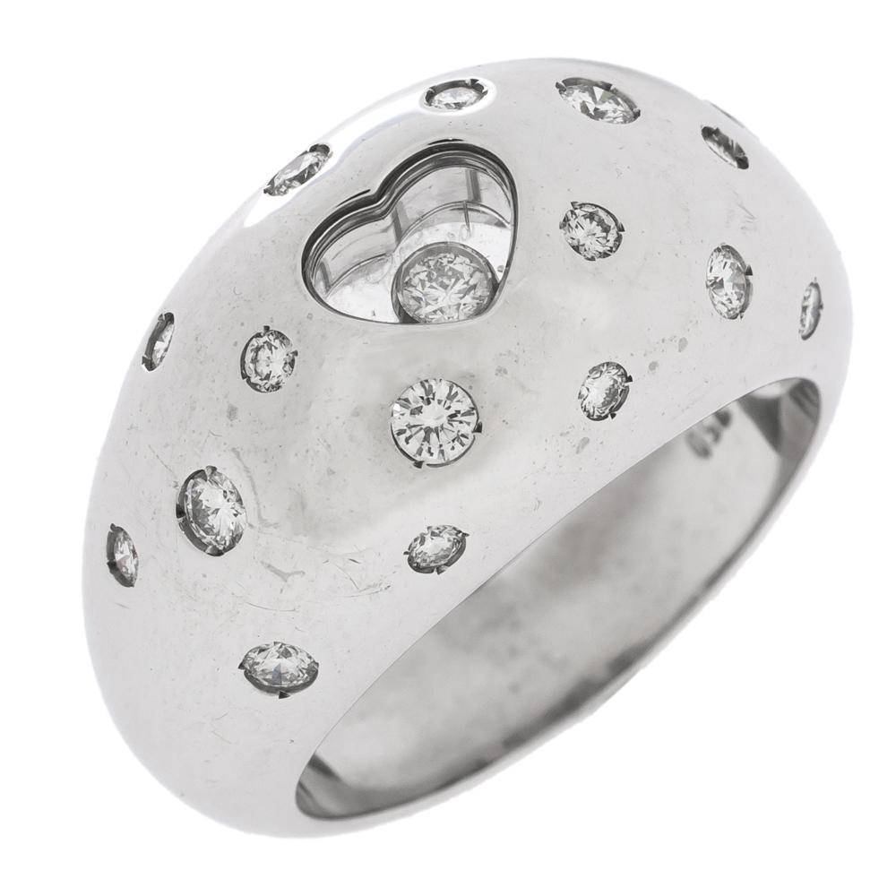 Contemporary Chopard Happy Diamond Heart 18K White Gold Dome Ring Size 54