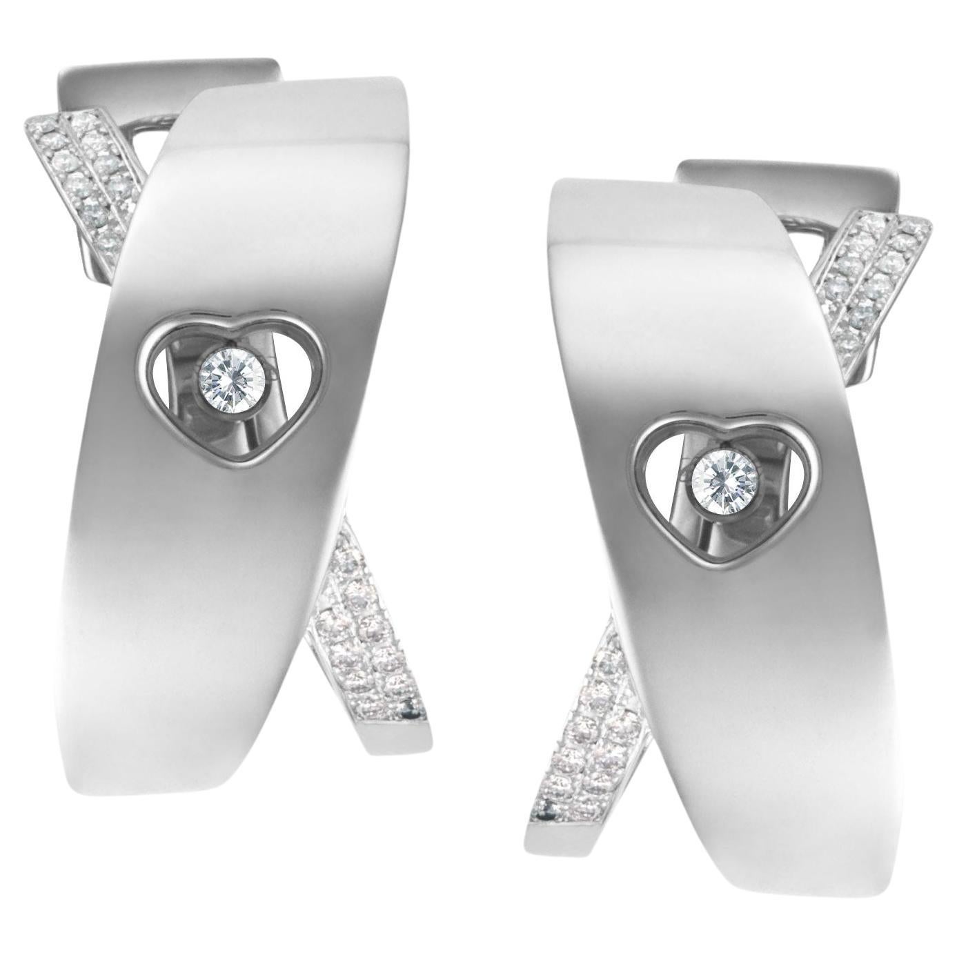 Chopard Happy Diamond Heart Hoop Earrings with Floating Diamond in 18k WhiteGold For Sale