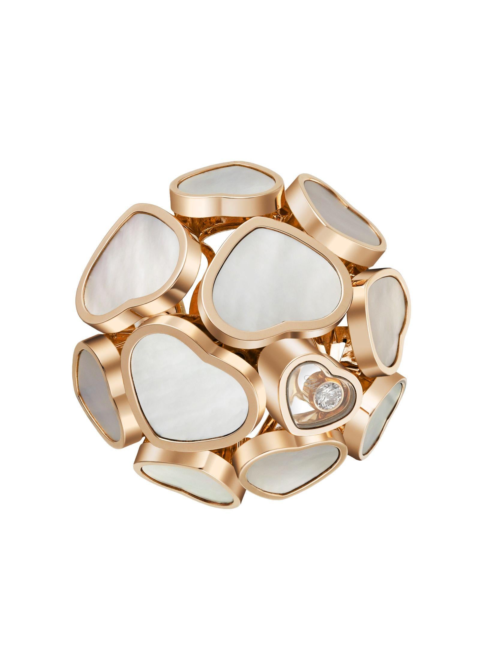 A profusion of Happy Hearts grace this ring in 18-carat rose gold making an elegant, fun and creative addition to the Happy Diamonds collection. Hearts cluster with joyful abandon on the finger, inlaid with mother-of-pearl and variously sized, all