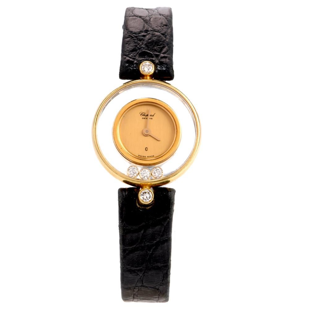 Ladies Happy Diamond Ladies quartz Chopard watch Ref 4082.

Quartz movement, All parts in this watch is original, this watch in working order and comes with original chopard Paper.

This watch contains 3 floating diamond and 2 on the logs, approx.