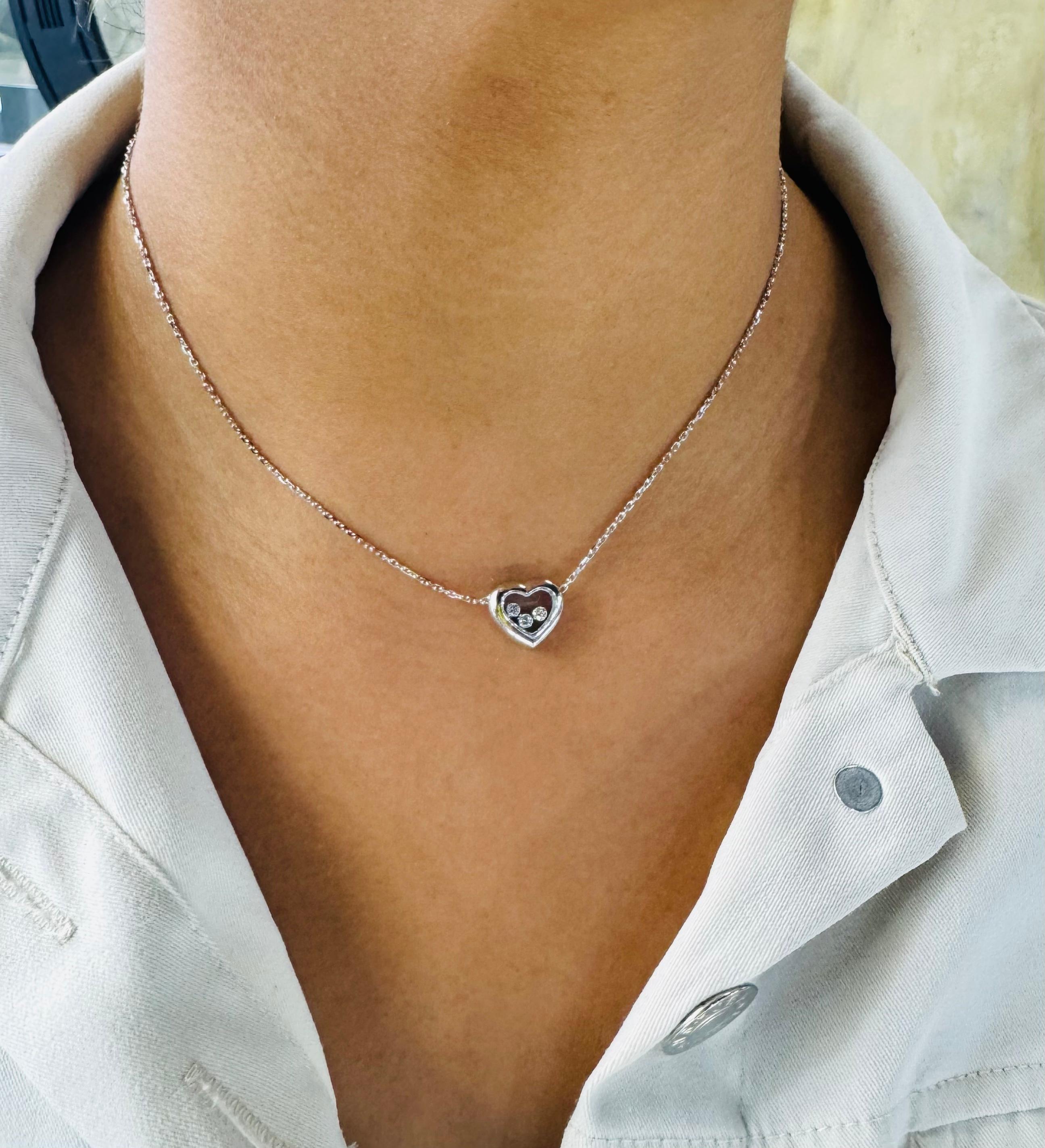 Women's or Men's Chopard Happy Diamond Necklace Heart Pendant Three Diamond 18k White Gold For Sale