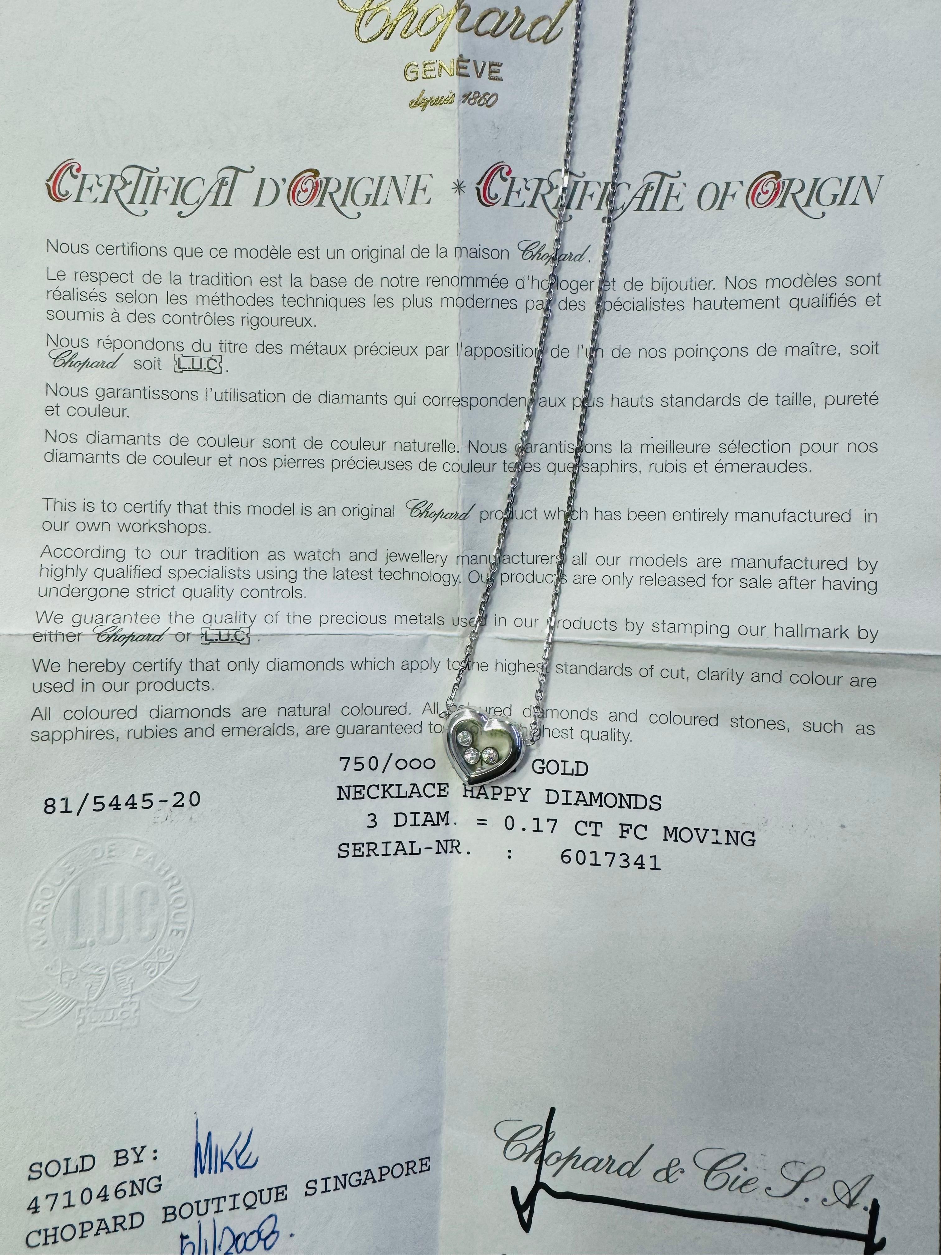 Chopard Happy Diamond Necklace Heart Pendant Three Diamond 18k White Gold For Sale 1