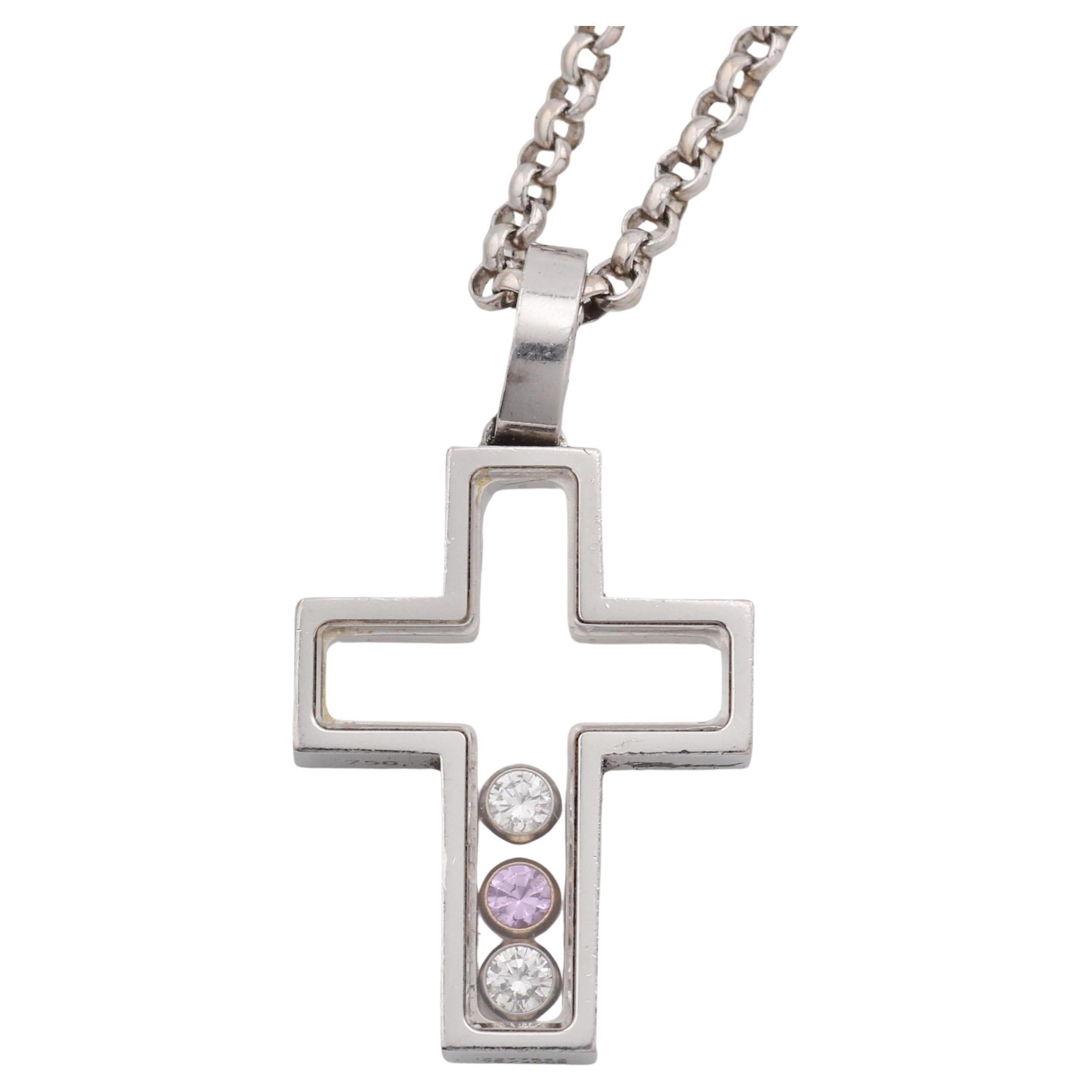 Chopard Happy Diamond Pink Sapphire 18k White Gold Cross Pendant Necklace For Sale