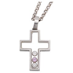 Chopard Happy Diamond Pink Sapphire 18k White Gold Cross Pendant Necklace