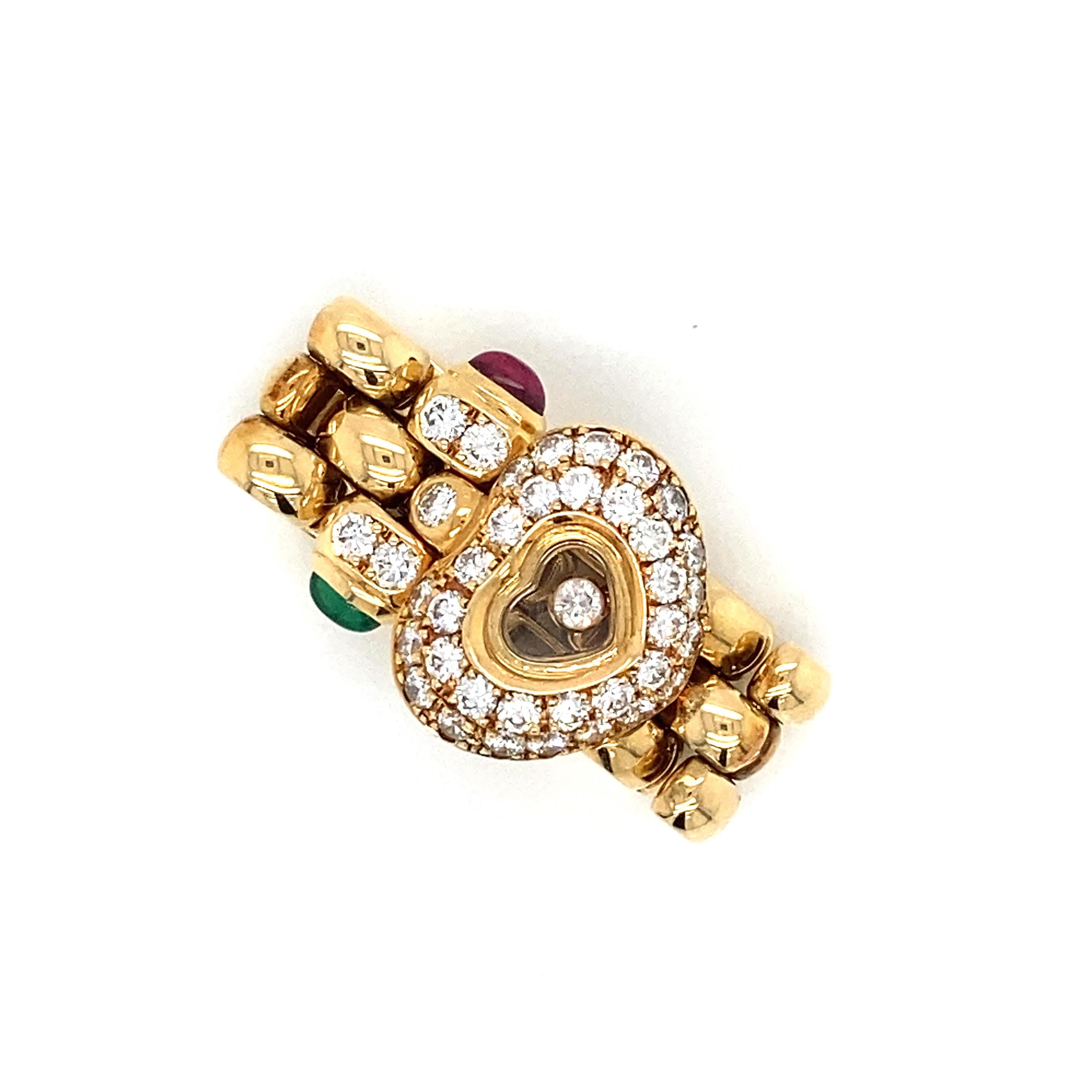 Round Cut Chopard Happy Diamond Ring 18KY Gold 1.33 Carat Diamonds Emerald and Ruby