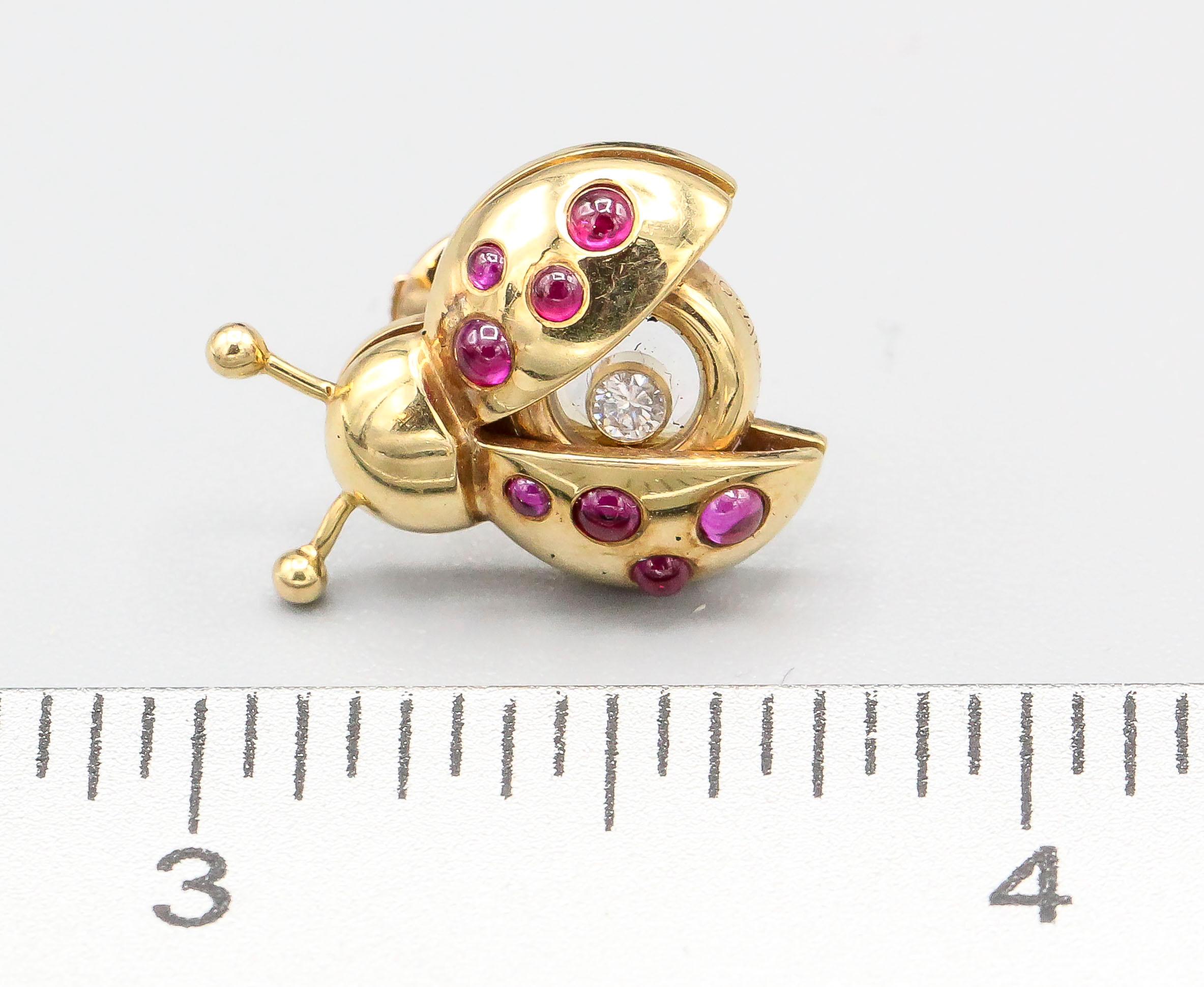 Contemporary Chopard Happy Diamond Ruby and 18 Karat Gold Ladybug Earrings