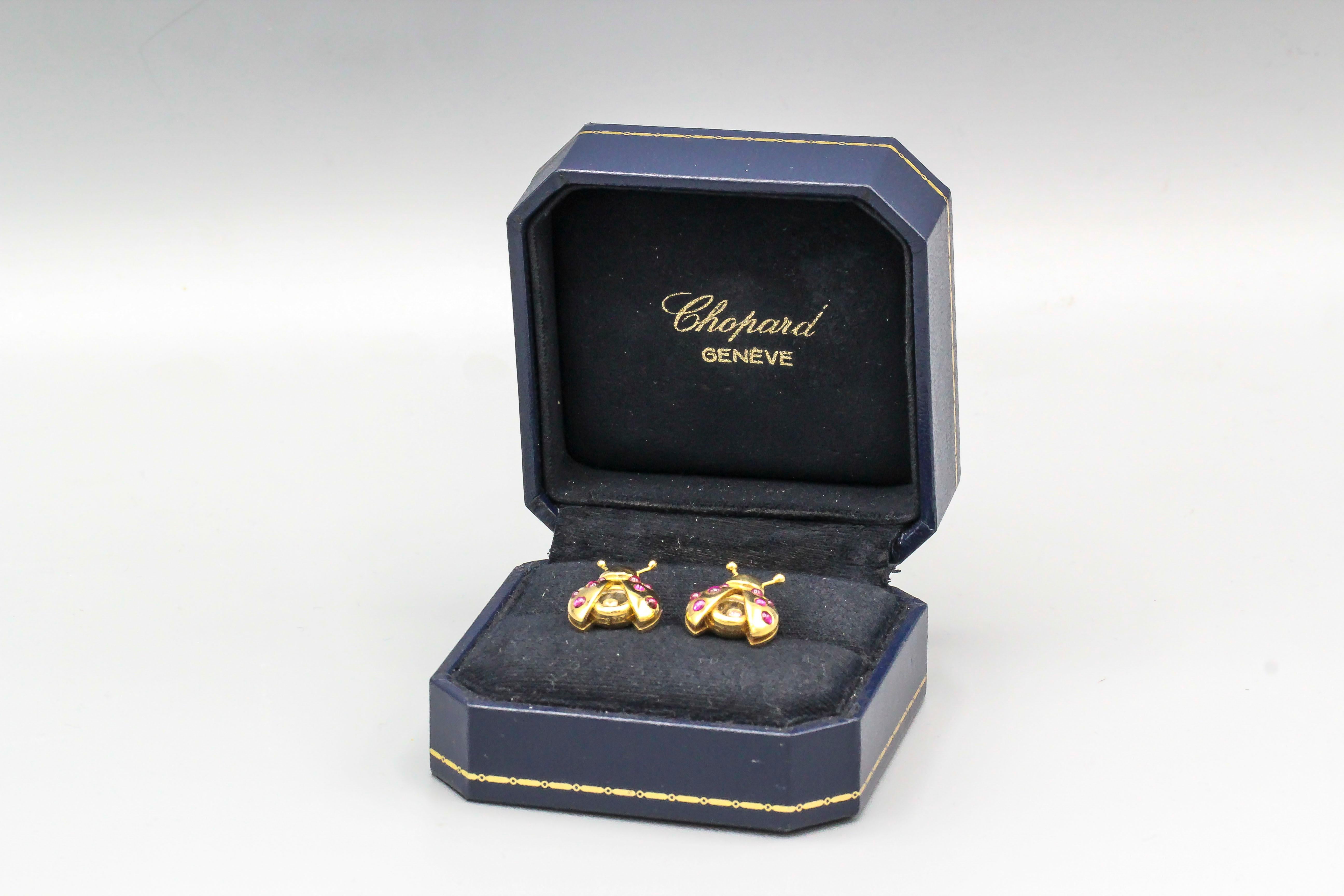 Women's Chopard Happy Diamond Ruby and 18 Karat Gold Ladybug Earrings