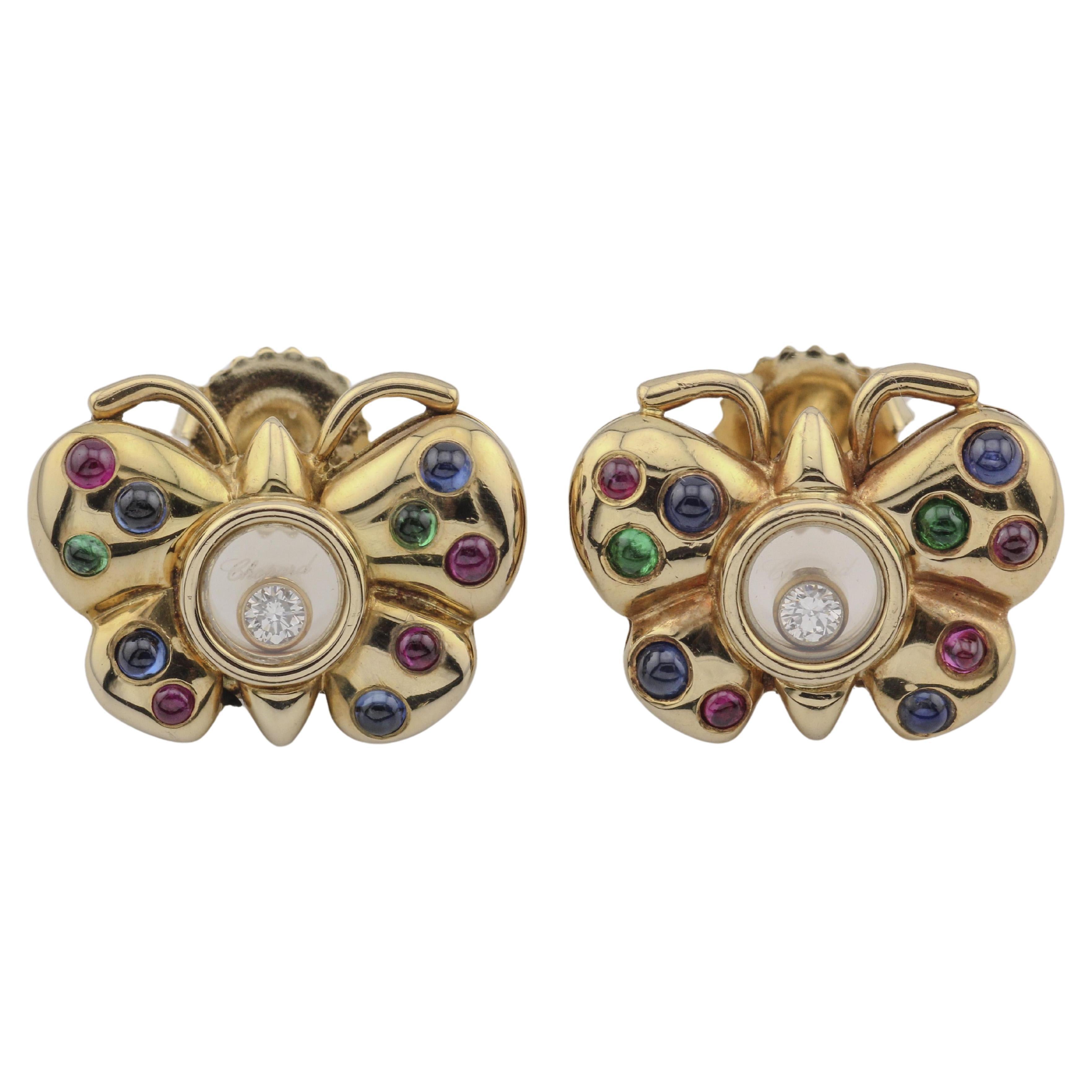 Chopard Happy Diamond Ruby Sapphire 18k Yellow Gold Butterfly Stud Earrings For Sale