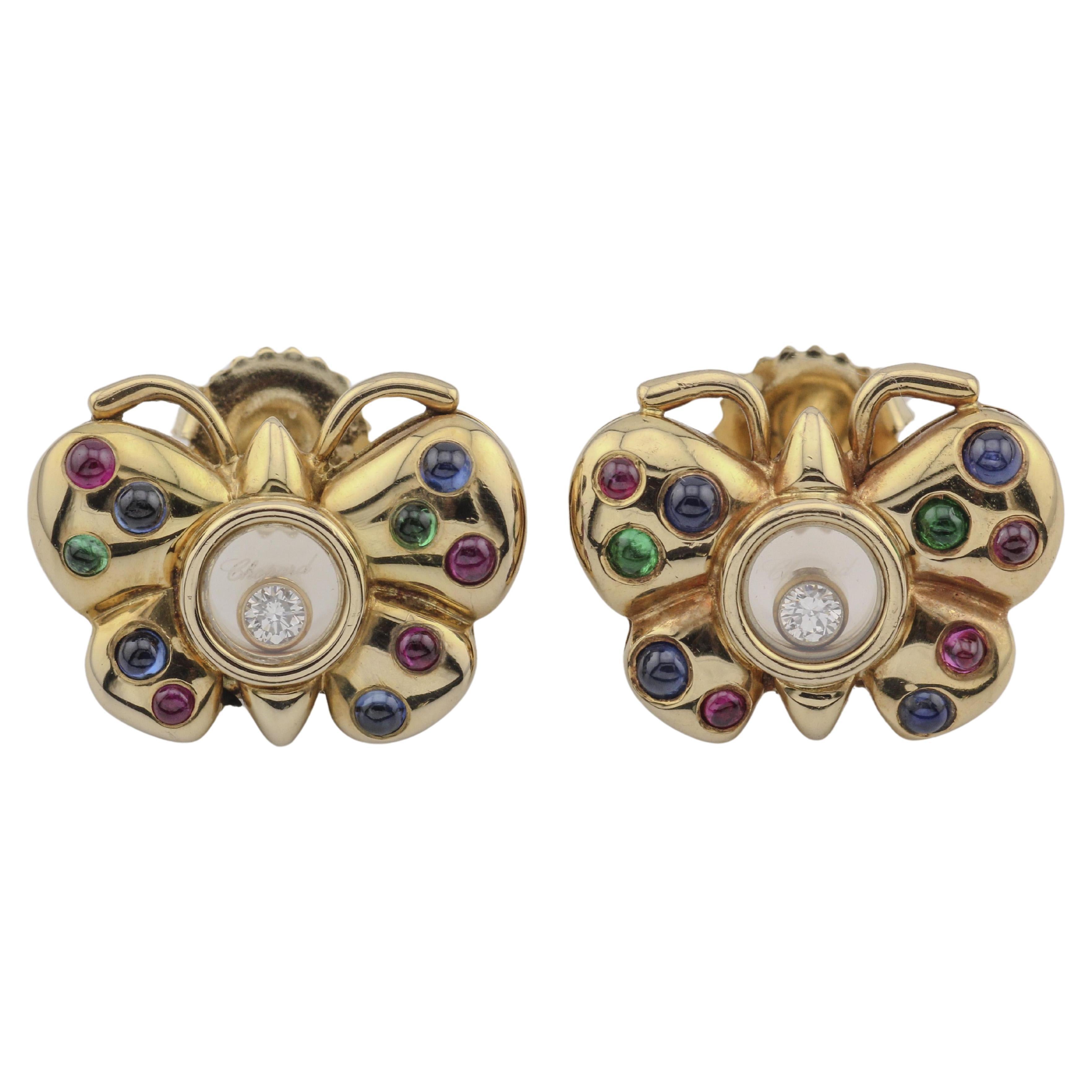 Pendientes Chopard Happy Diamond Rubí Zafiro Oro Amarillo 18k Mariposa en venta