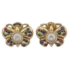 Vintage Chopard Happy Diamond Ruby Sapphire 18k Yellow Gold Butterfly Stud Earrings