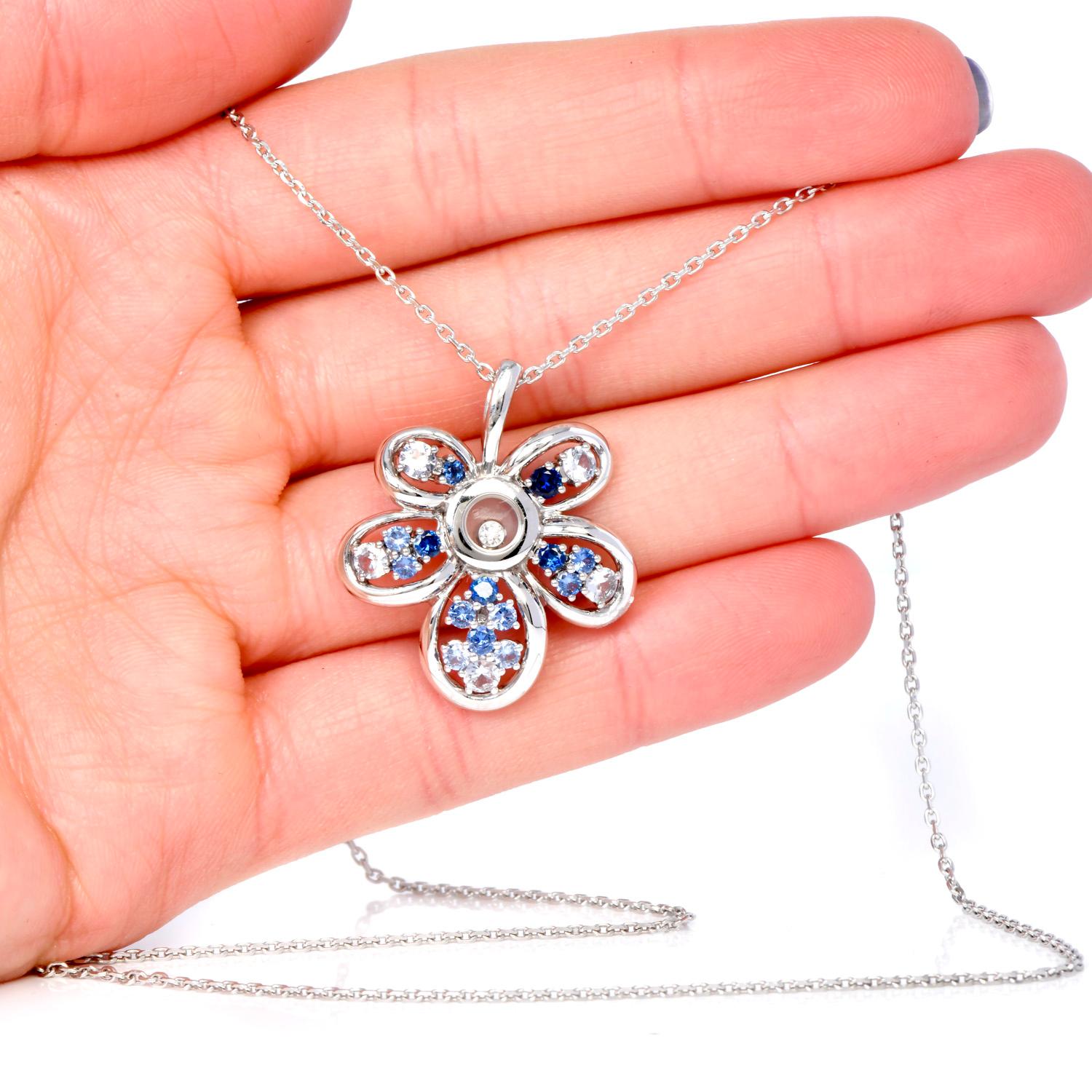 Chopard Happy Diamond Sapphire 18K Gold Flower Clip Earrings & Necklace Set For Sale 2