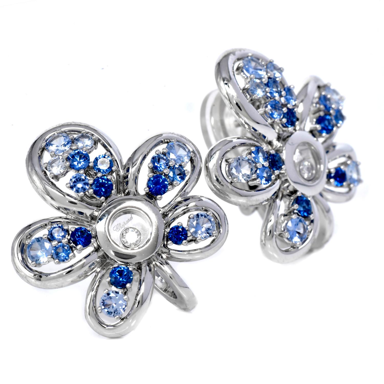 Set aus Ohrclips und Halskette, Happy Diamond Sapphire 18K Gold Blume von Chopard (Rundschliff) im Angebot