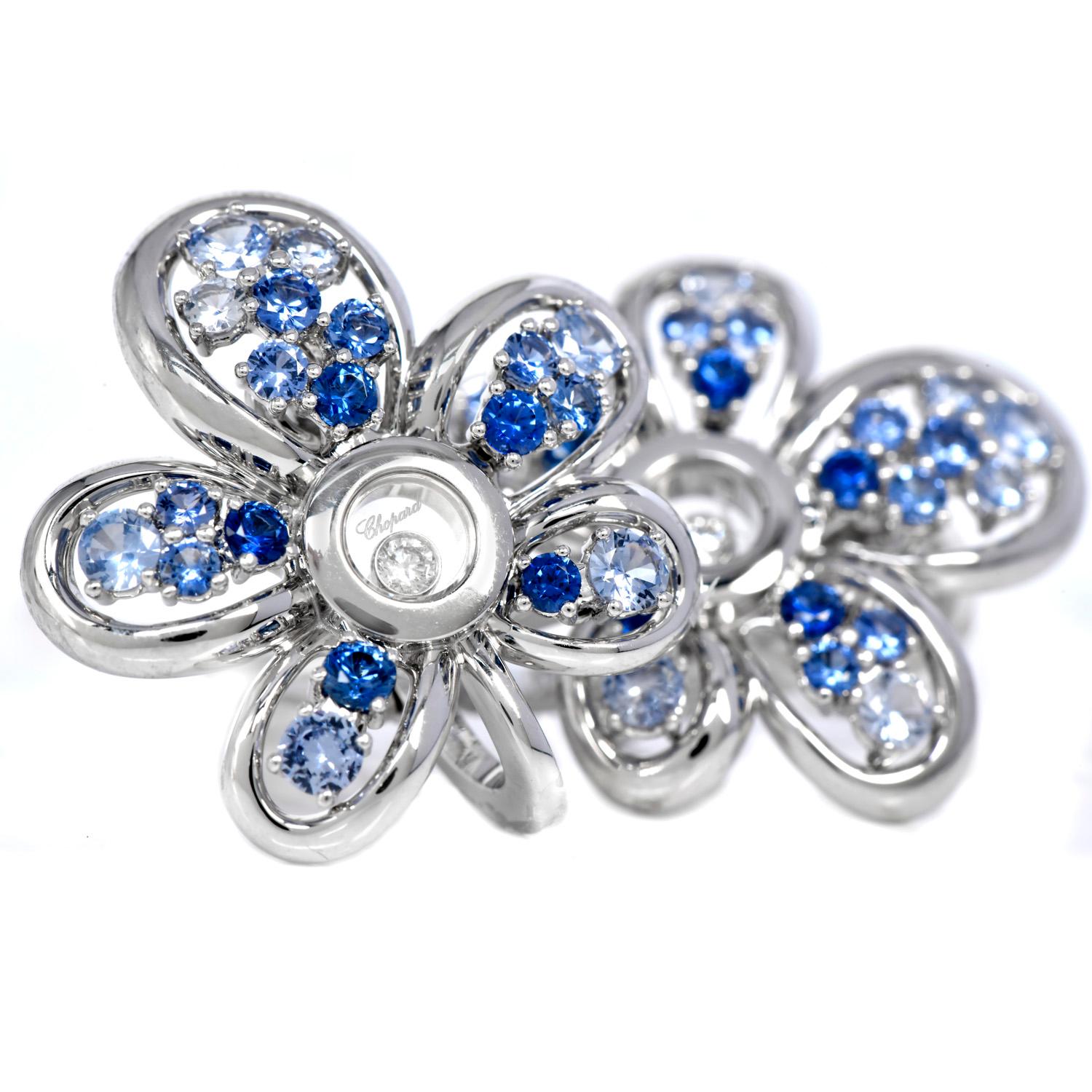 Set aus Ohrclips und Halskette, Happy Diamond Sapphire 18K Gold Blume von Chopard im Zustand „Hervorragend“ im Angebot in Miami, FL