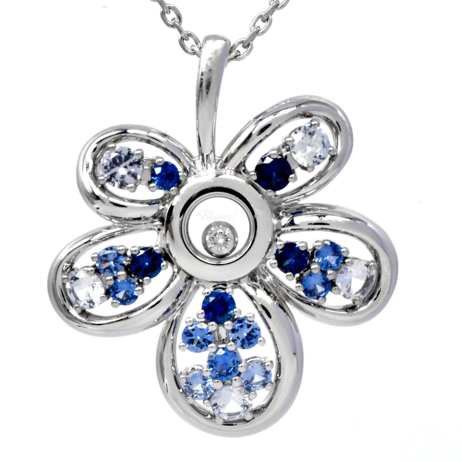 Round Cut Chopard Happy Diamond Sapphire 18K Gold Flower Clip Earrings & Necklace Set