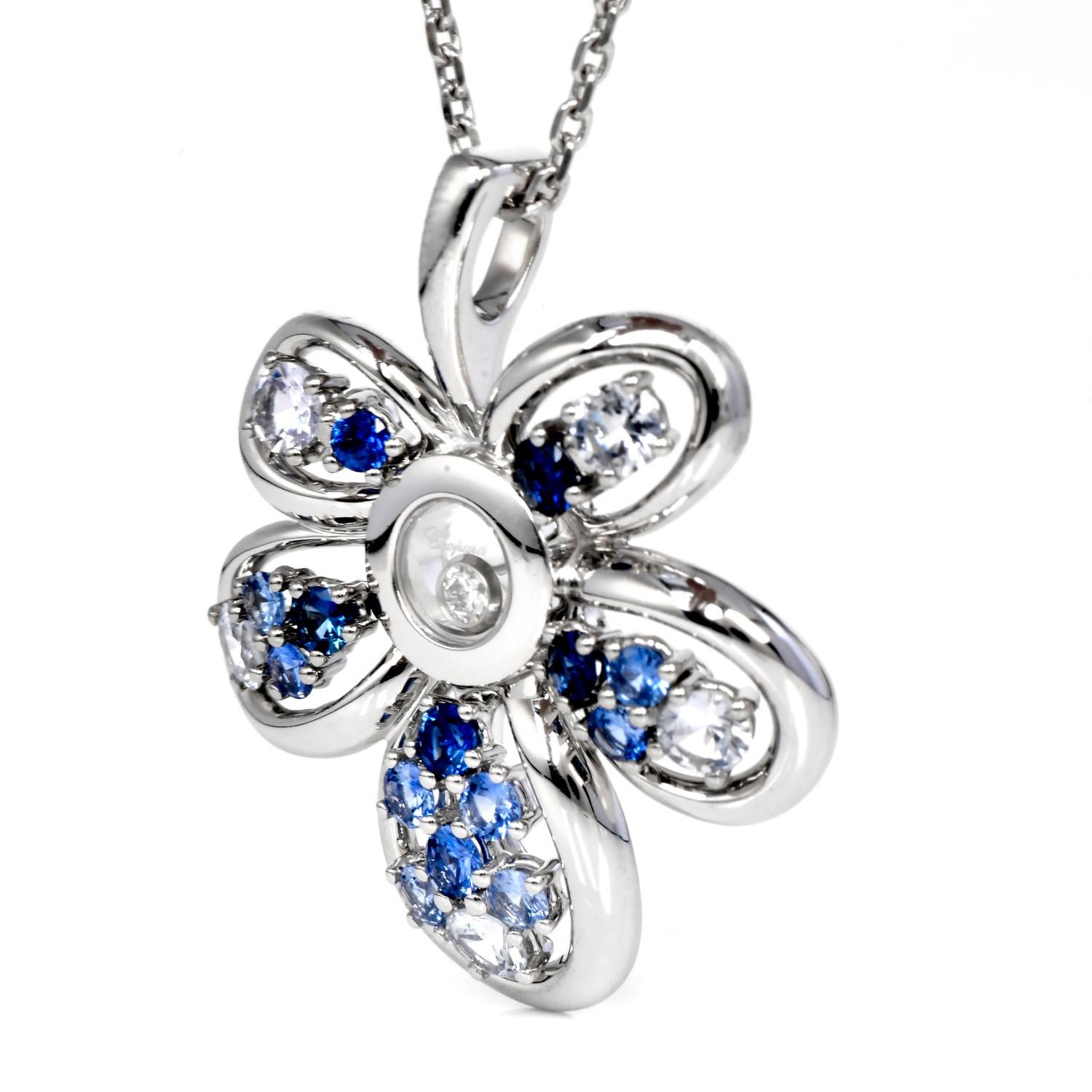 Women's Chopard Happy Diamond Sapphire 18K Gold Flower Clip Earrings & Necklace Set