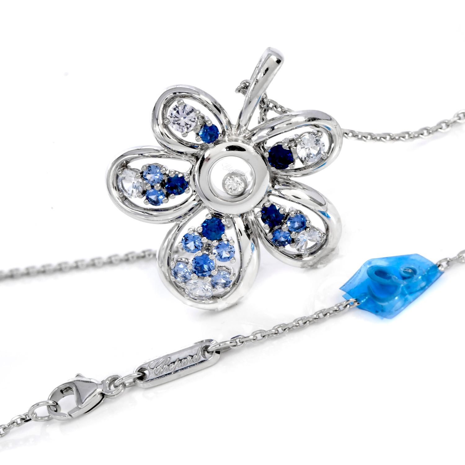 Chopard Happy Diamond Sapphire 18K Gold Flower Clip Earrings & Necklace Set For Sale 1