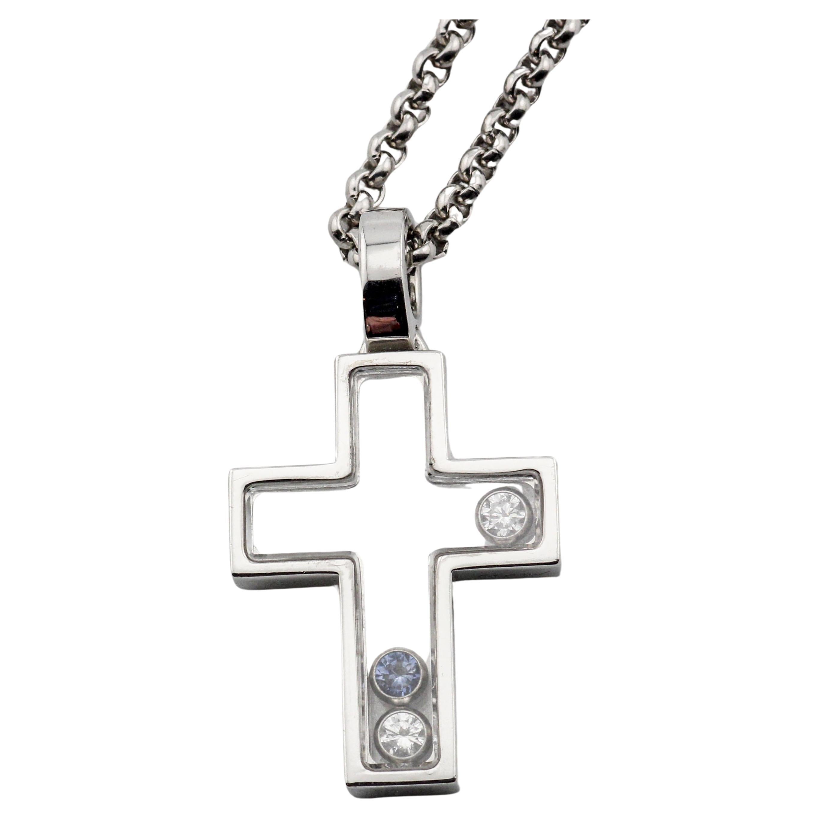 Chopard Happy Diamond Sapphire 18k White Gold Cross Pendant Necklace