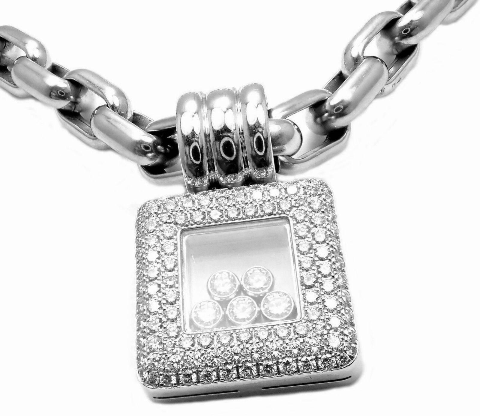 18k White Gold Happy Diamonds Diamond Square Necklace by Chopard. 
With 122 Round Brilliant Cut Diamonds VS1 plus 5 round brilliant cut diamonds floating in the pendant total weight approx. 3.00ctw
Details:
Length: 18