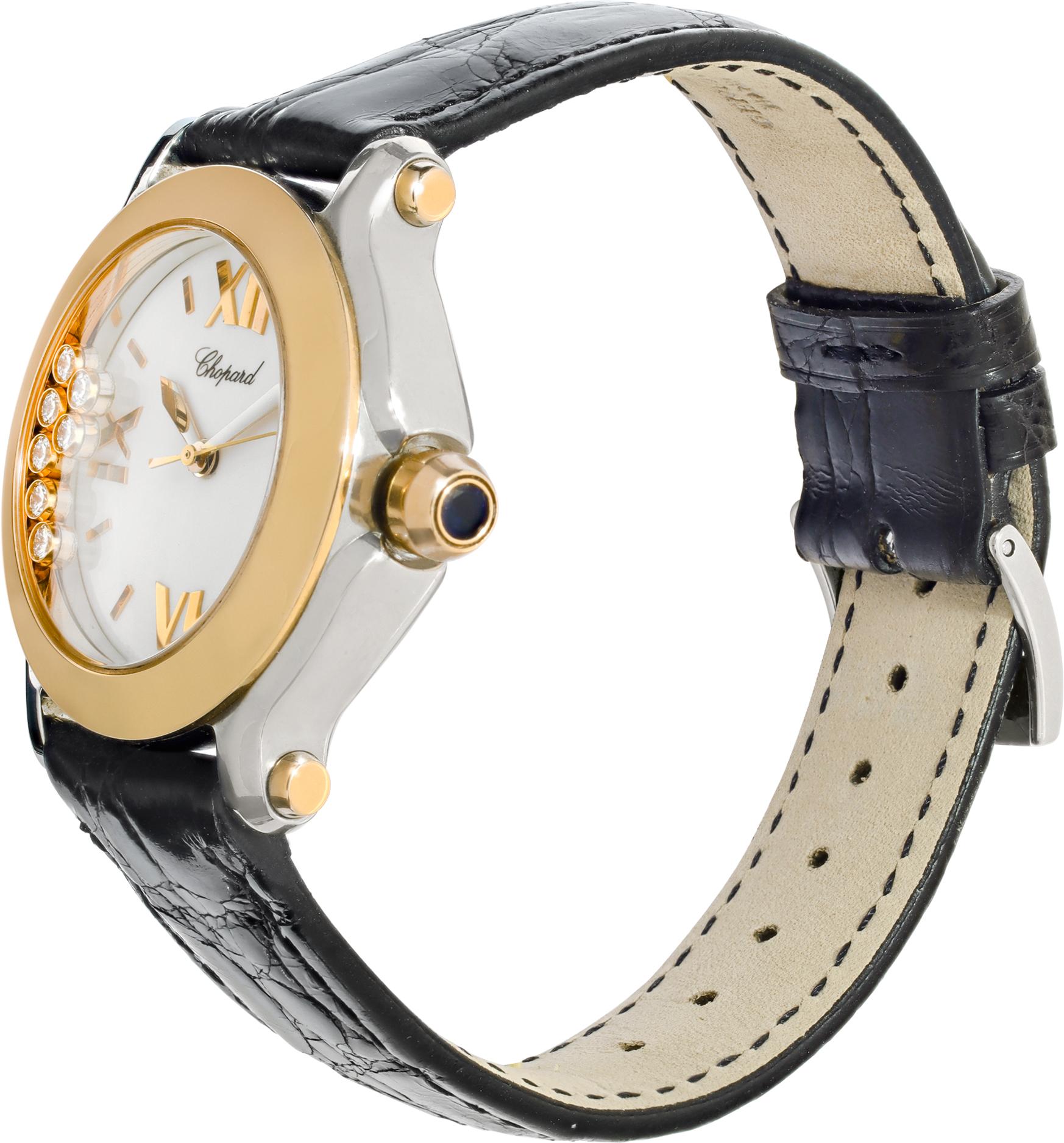 Chopard Happy Diamond in stainless steel & 18k rose gold with 7 floating diamonds. Black alligator strap and original steel Chopard tang buckle. Quartz accuracy w/ sweep seconds and date. Complete with box and booklets. 36 mm case size. Ref