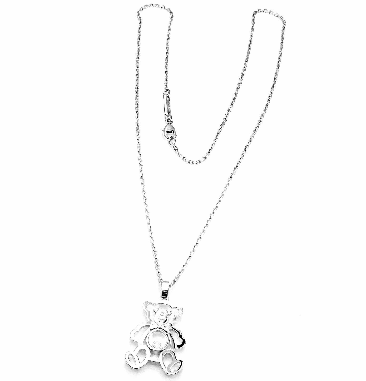 18k White Gold Happy Diamond Teddy Bear Pendant Necklace  by Chopard.  
With 5 round brilliant cut diamonds VVS1 clarity, E color total weight approx. .10ct
Details: 
Length: 16.5
