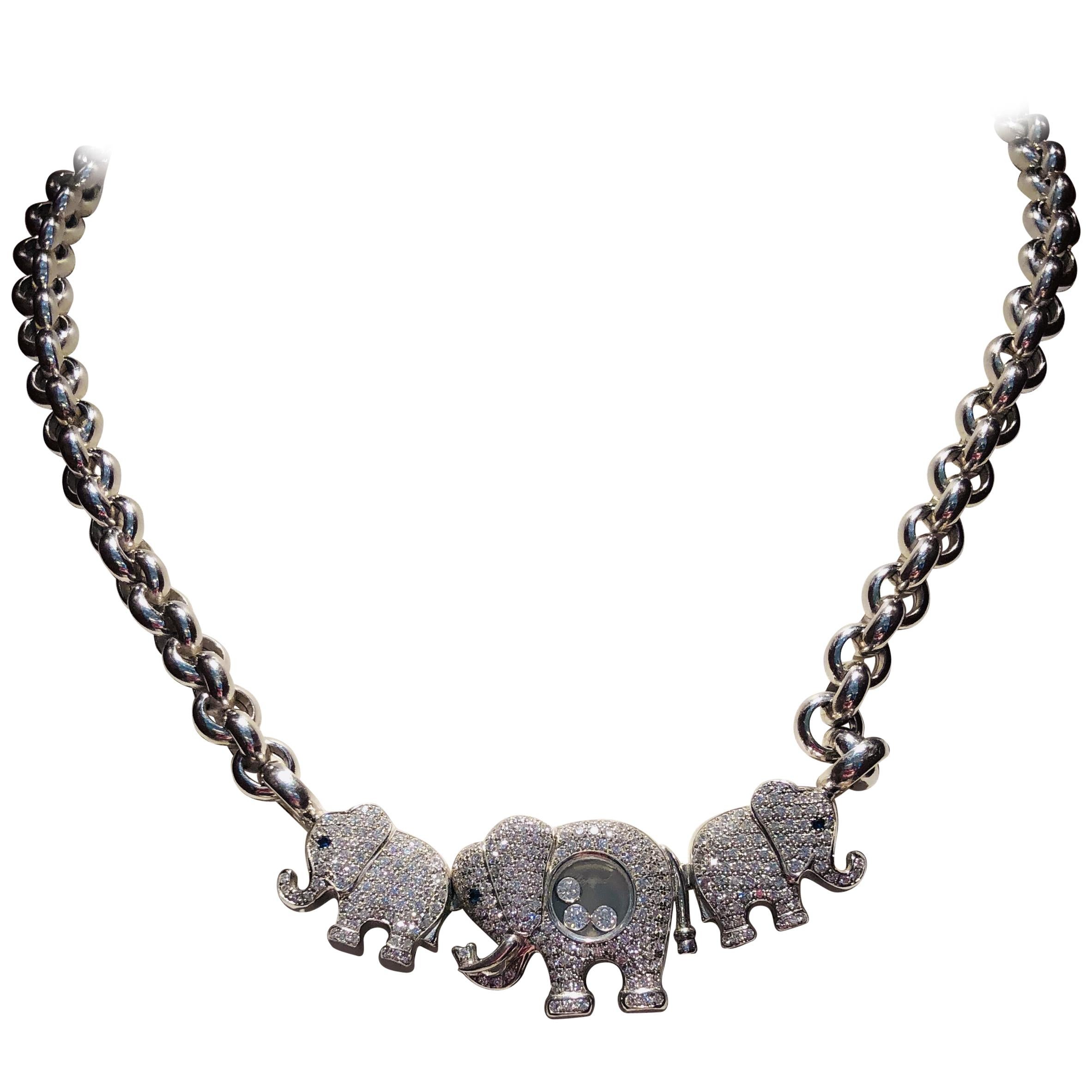 Chopard "Happy Diamond" Three Elephant Diamond White Gold Necklace For Sale