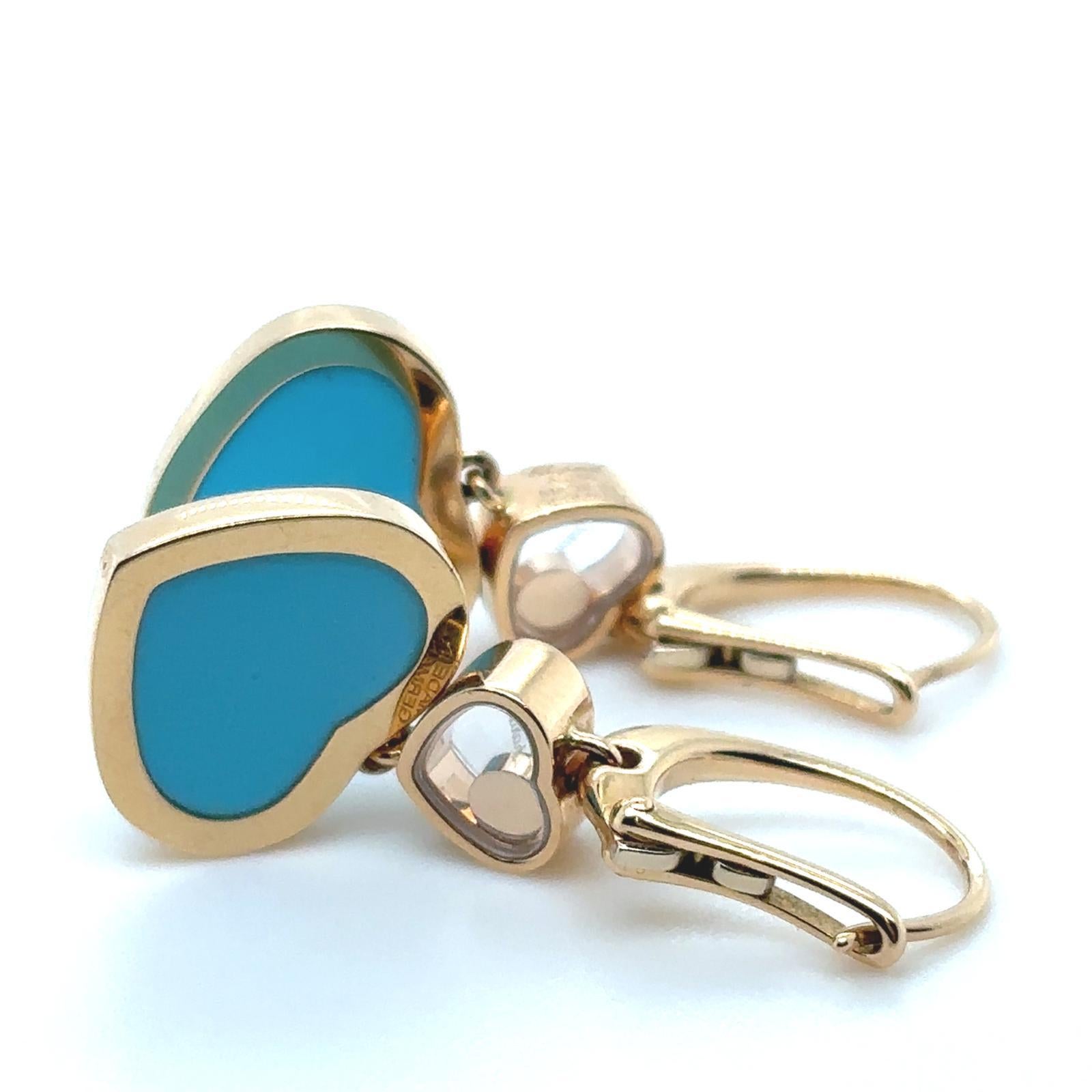 Chopard Happy Diamond Turquoise Heart 18 Karat Yellow Gold Earrings For Sale 4