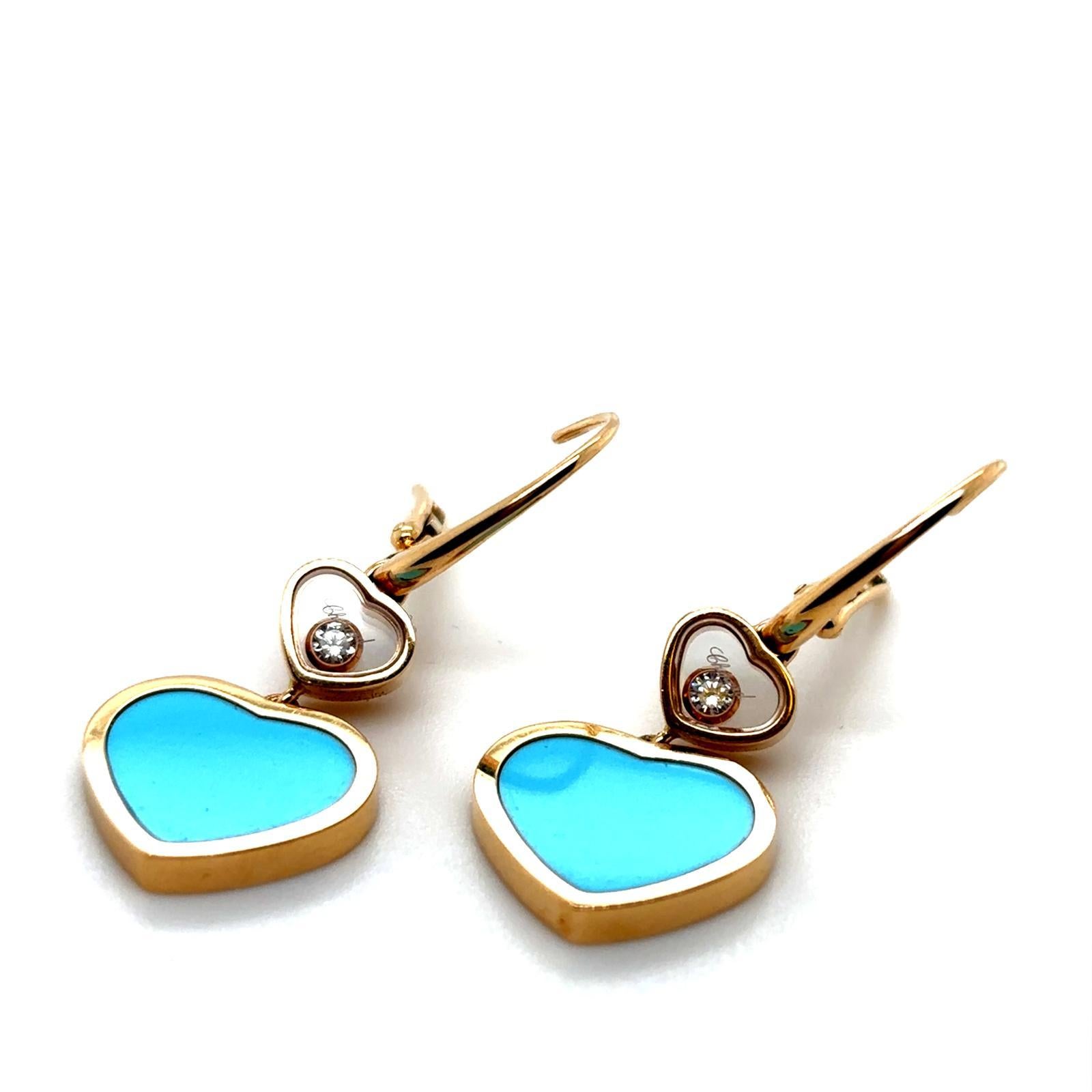 Chopard Happy Diamond Turquoise Heart 18 Karat Yellow Gold Earrings For Sale 6