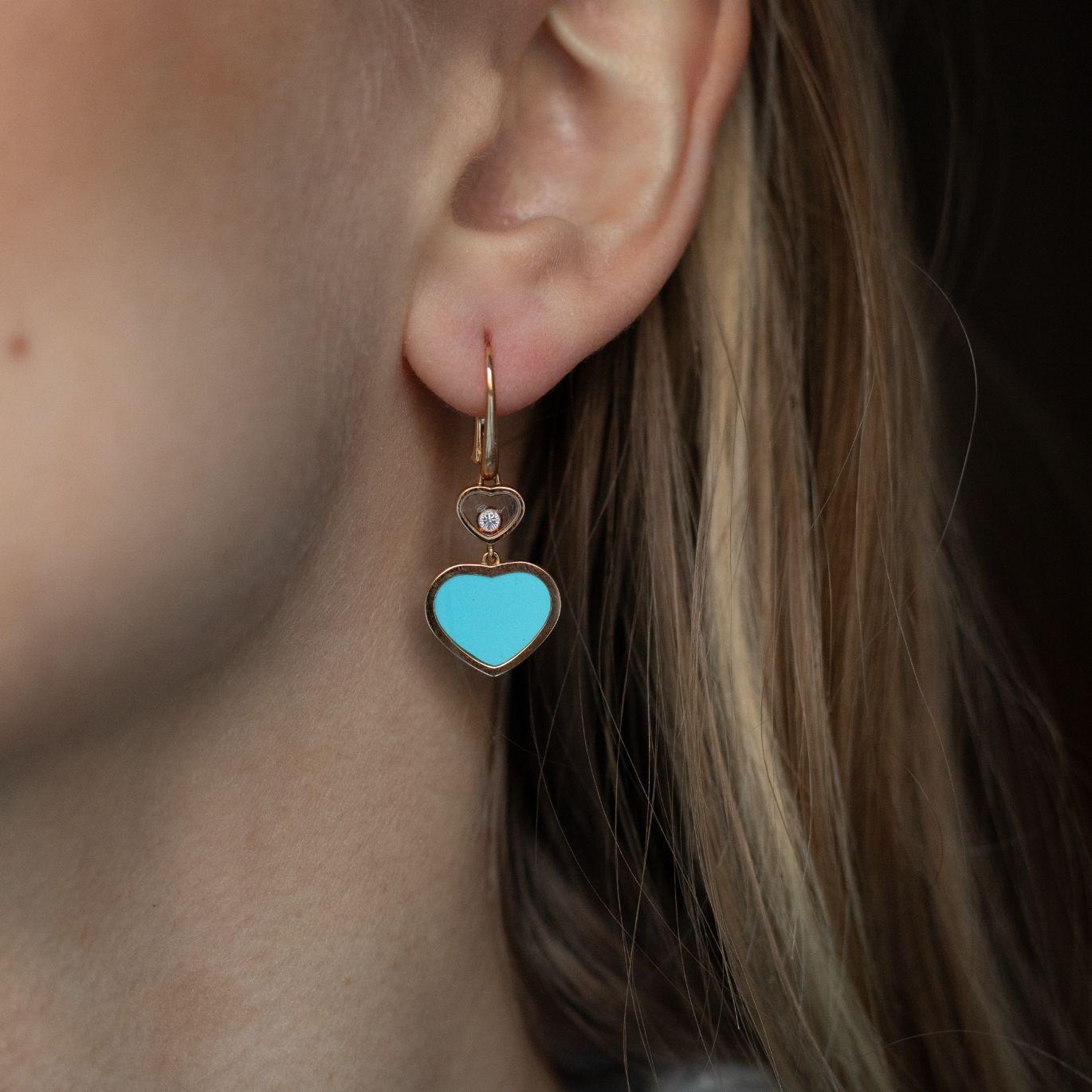 Heart Cut Chopard Happy Diamond Turquoise Heart 18 Karat Yellow Gold Earrings For Sale