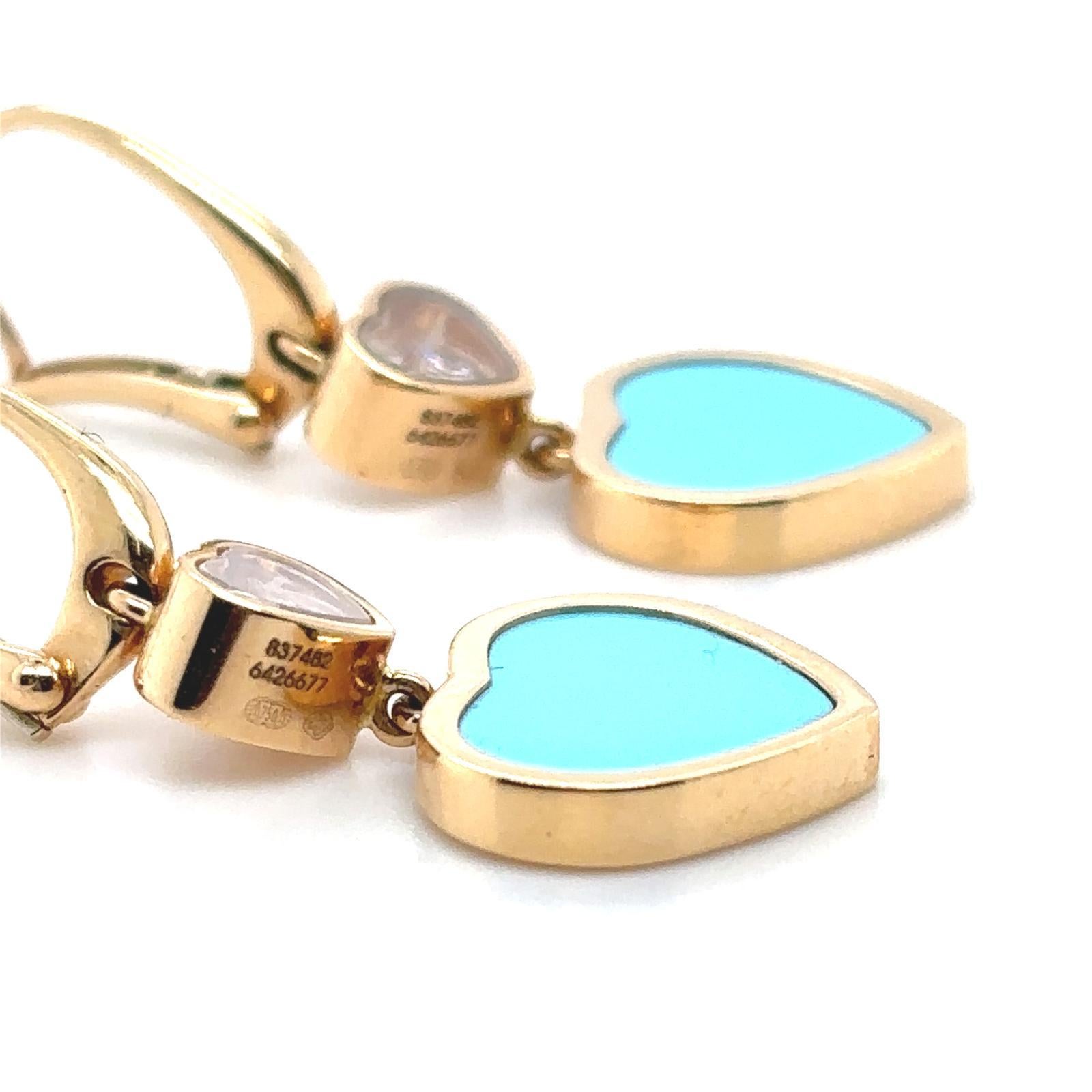 Chopard Happy Diamond Turquoise Heart 18 Karat Yellow Gold Earrings For Sale 1