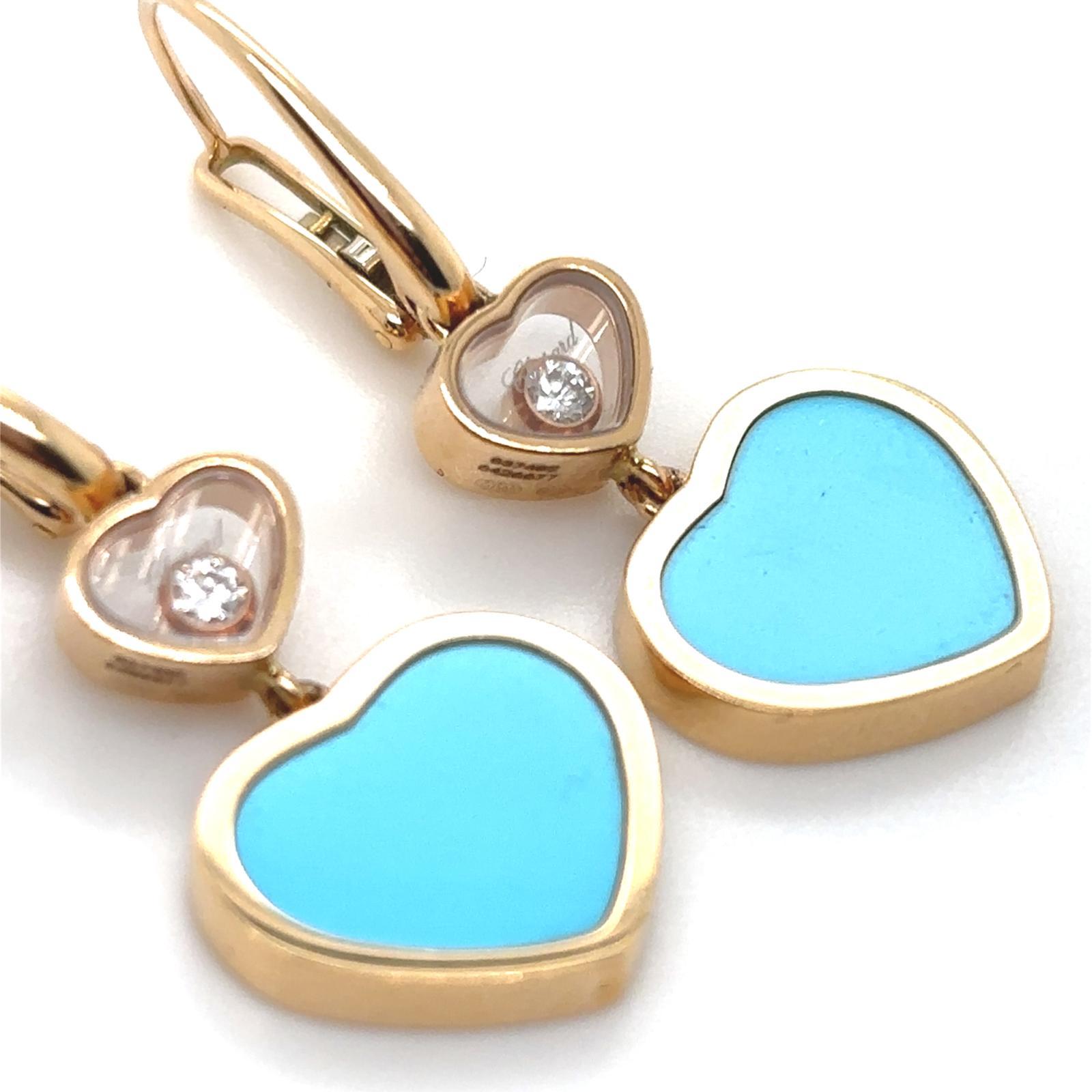 Chopard Happy Diamond Turquoise Heart 18 Karat Yellow Gold Earrings For Sale 2