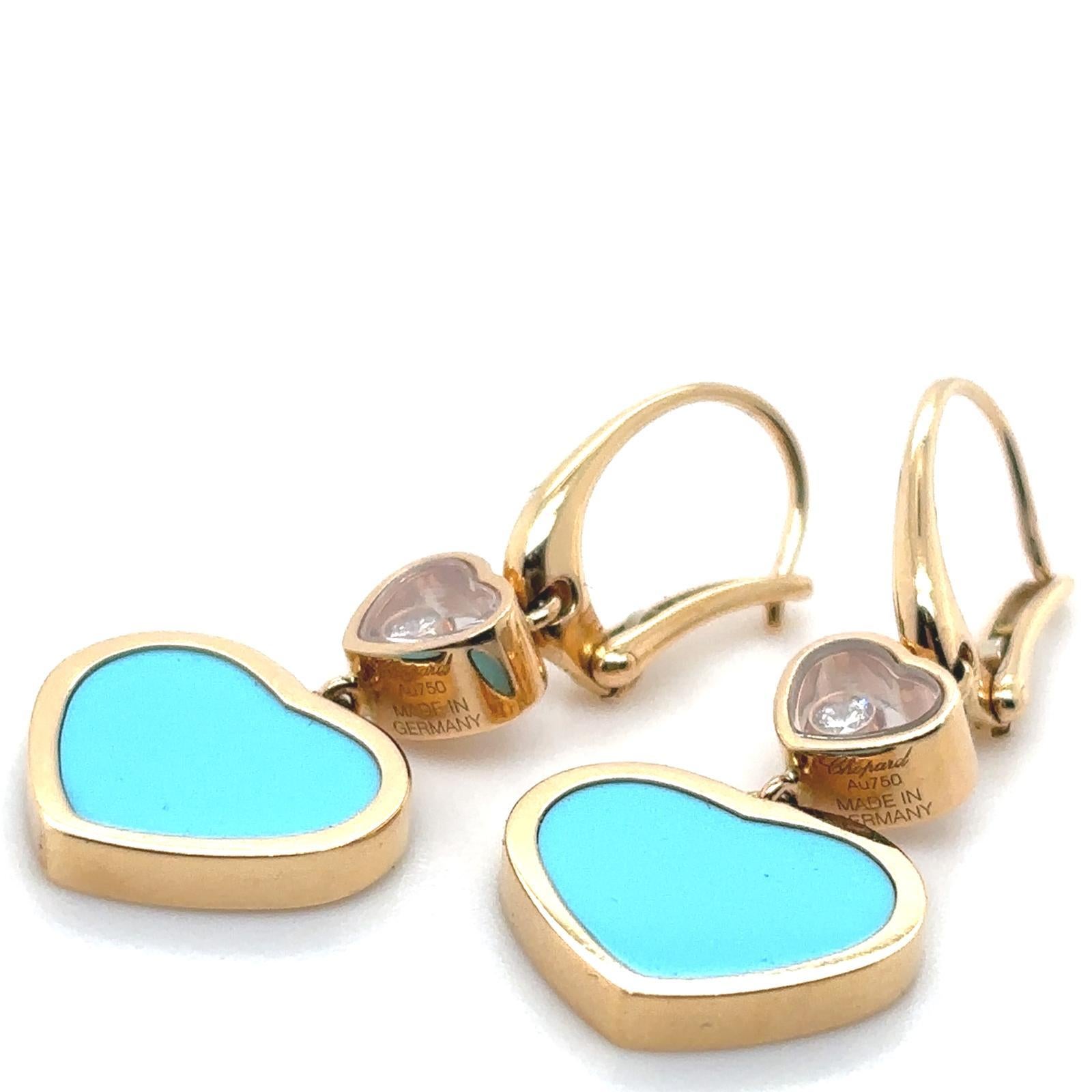 Chopard Happy Diamond Turquoise Heart 18 Karat Yellow Gold Earrings For Sale 3