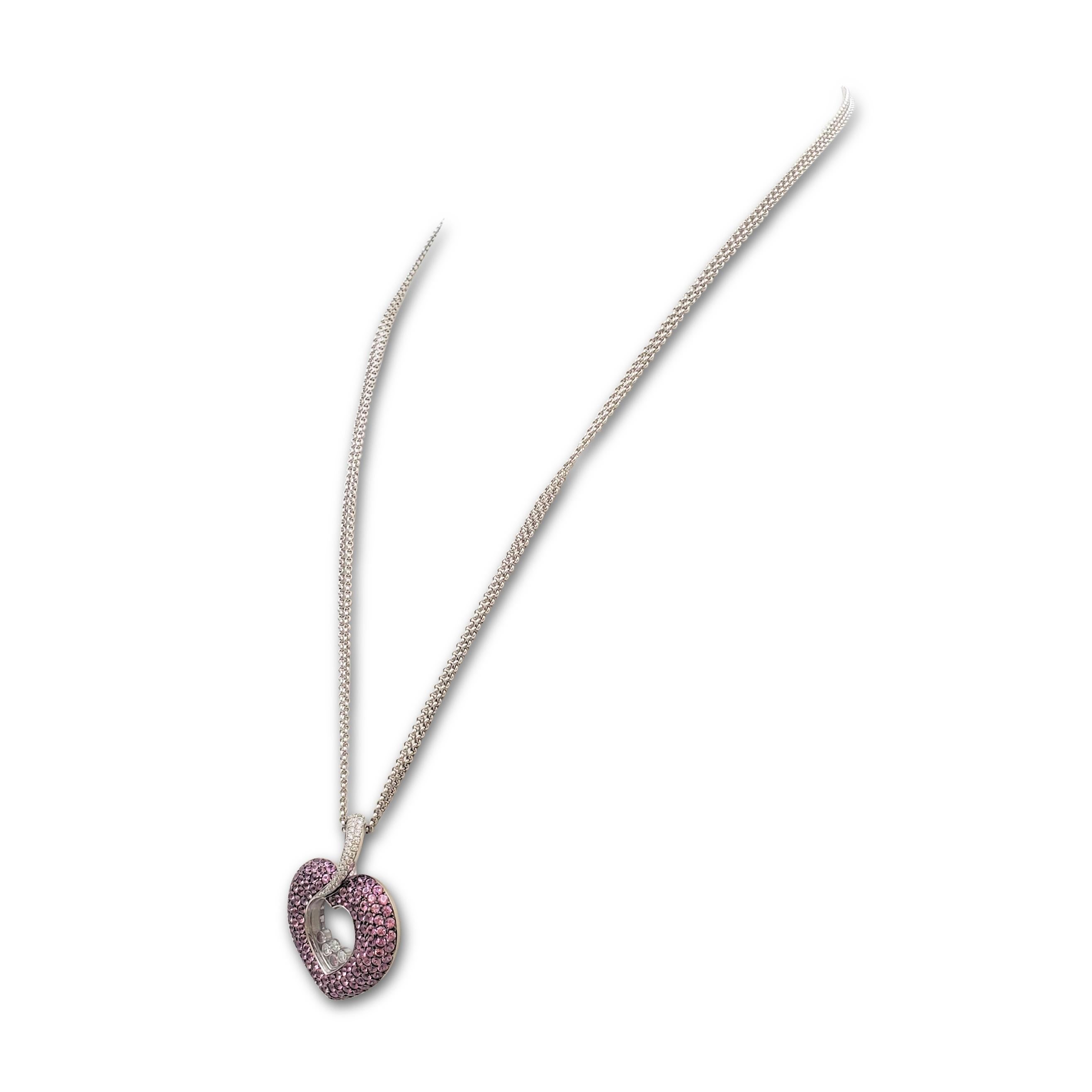 Round Cut Chopard 'Happy Diamond' White Gold Pink Sapphire and Diamond Heart Necklace