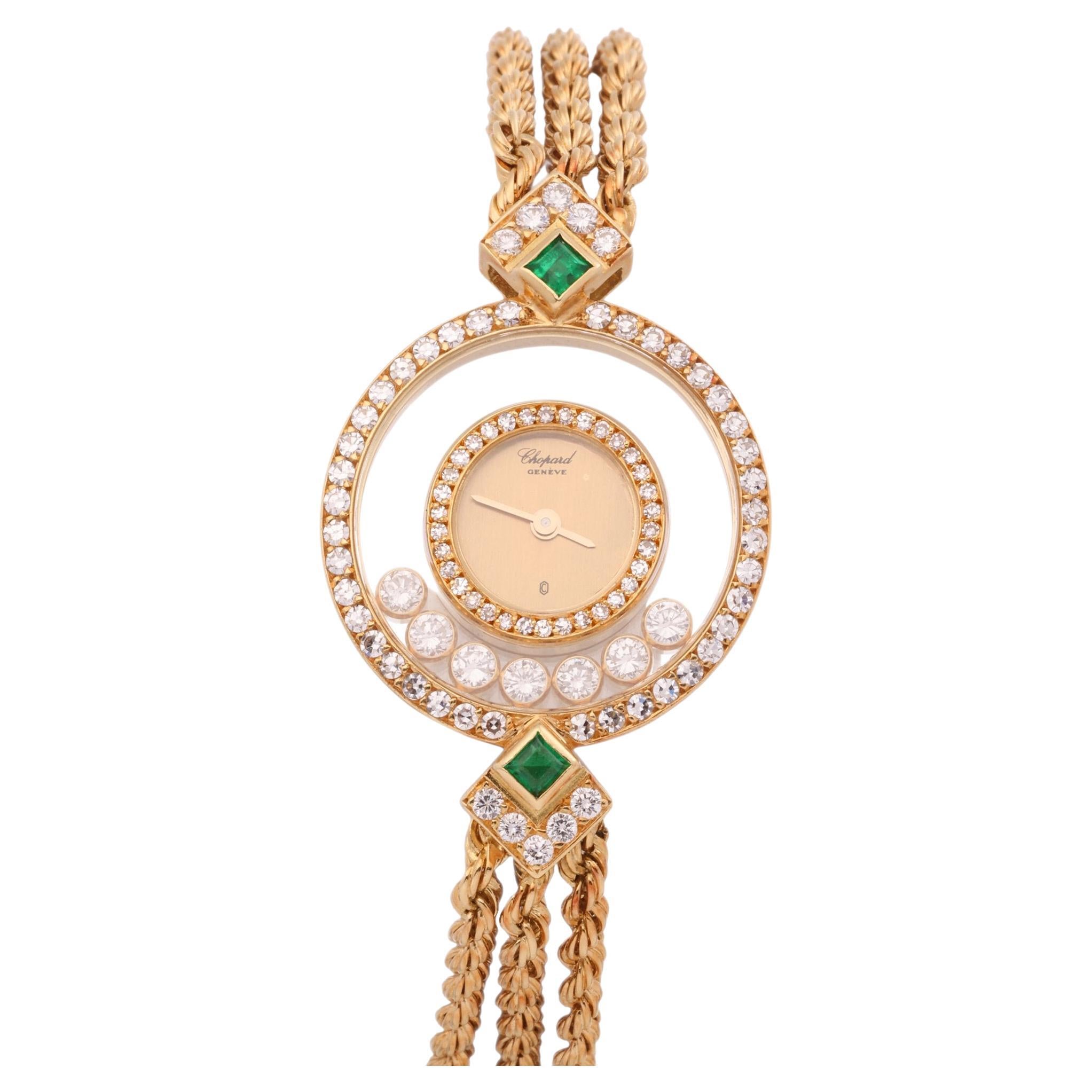 Chopard Happy Diamonds 0 4066 Ladies Yellow Gold Diamond & Emerald Bezel Watch