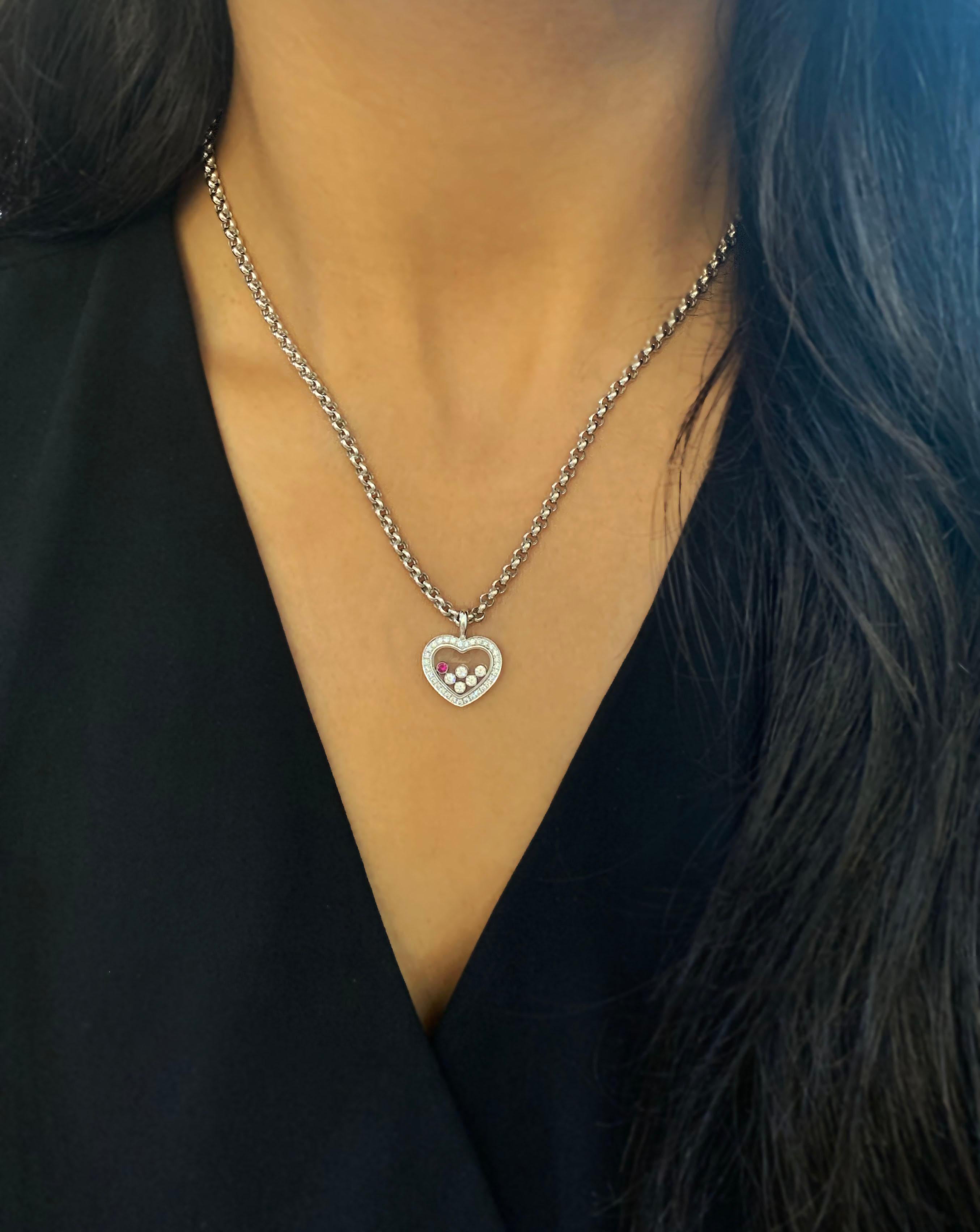 Modern Chopard Happy Diamonds 18 Carat Gold Diamond and Ruby Heart Pendant Necklace