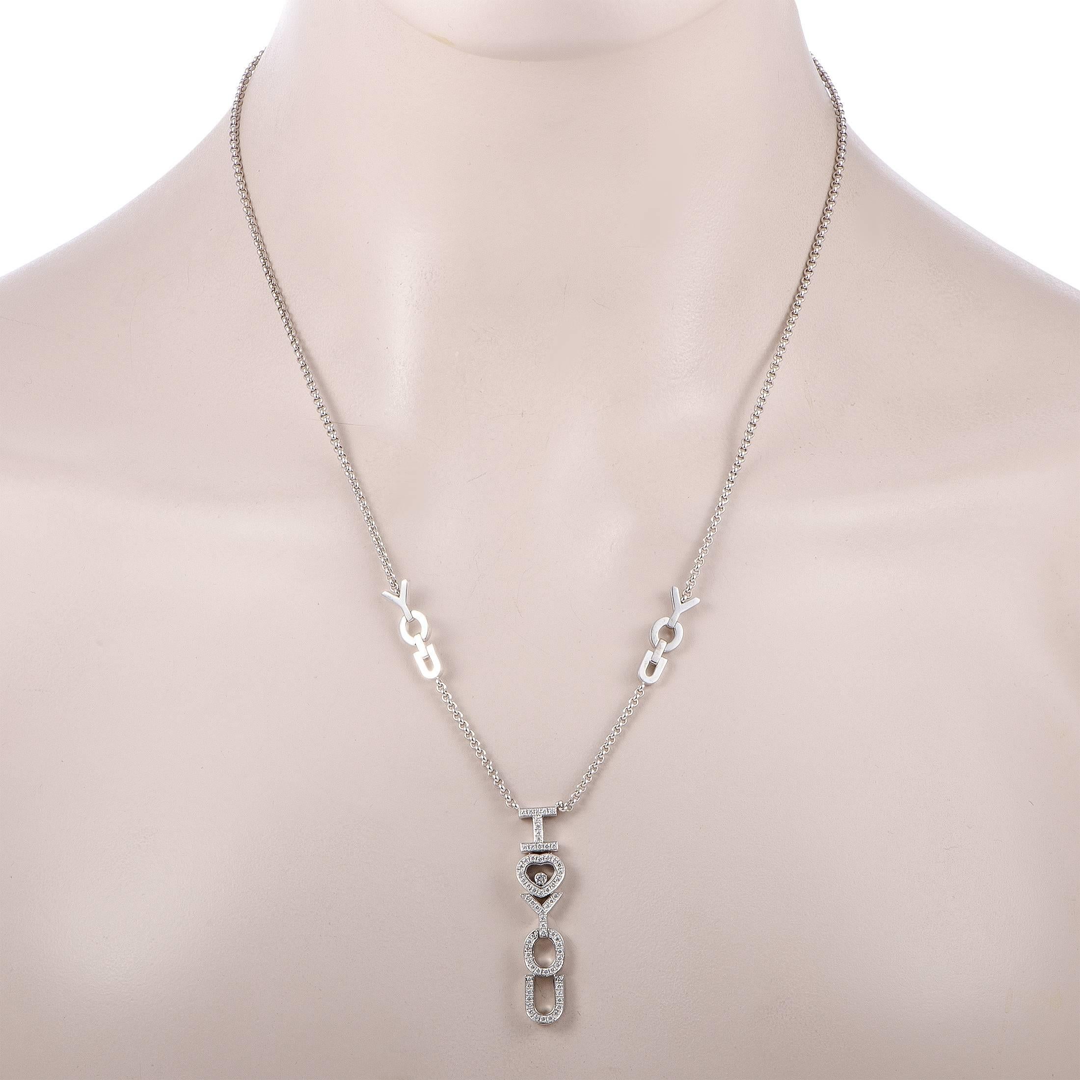 This gorgeous necklace is presented with a stylish rolo chain that features two “YOU” segments and onto which a stunningly offbeat pendant is attached. The pendant is set with diamond stones and also boasts a single floating diamond. The necklace is