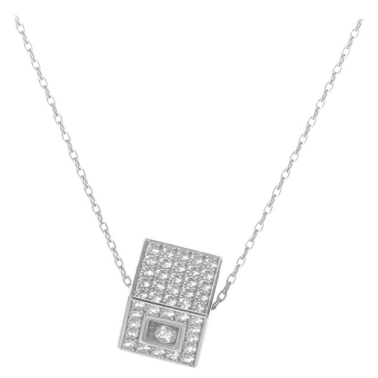 Chopard Happy Diamonds 18 Karat White Gold Diamond Pave Cube Pendant Necklace For Sale