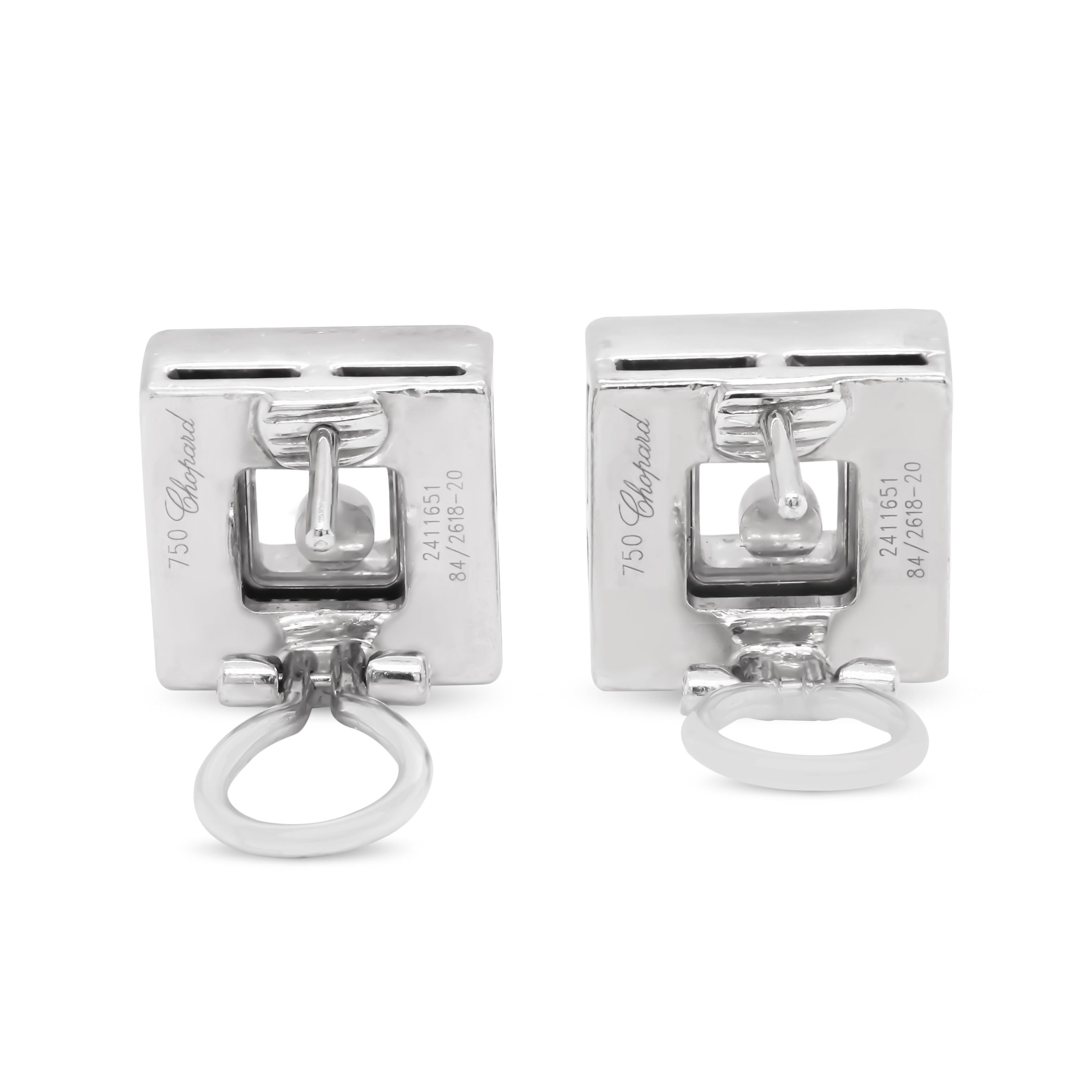 Round Cut Chopard Happy Diamonds 18 Karat White Gold Diamond Square Stud Earrings