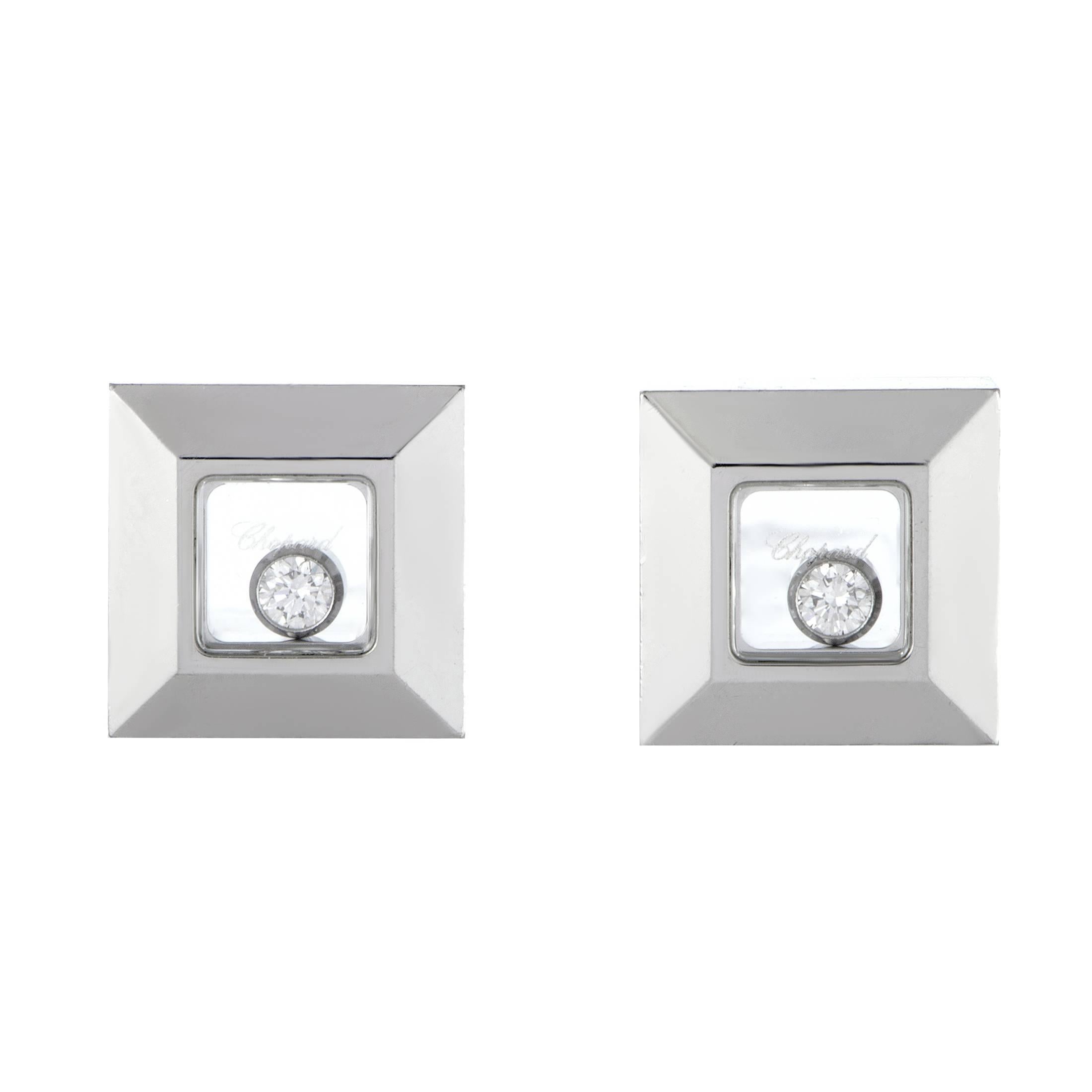 Chopard Happy Diamonds 18 Karat White Gold Floating Diamond Square Stud Earrings