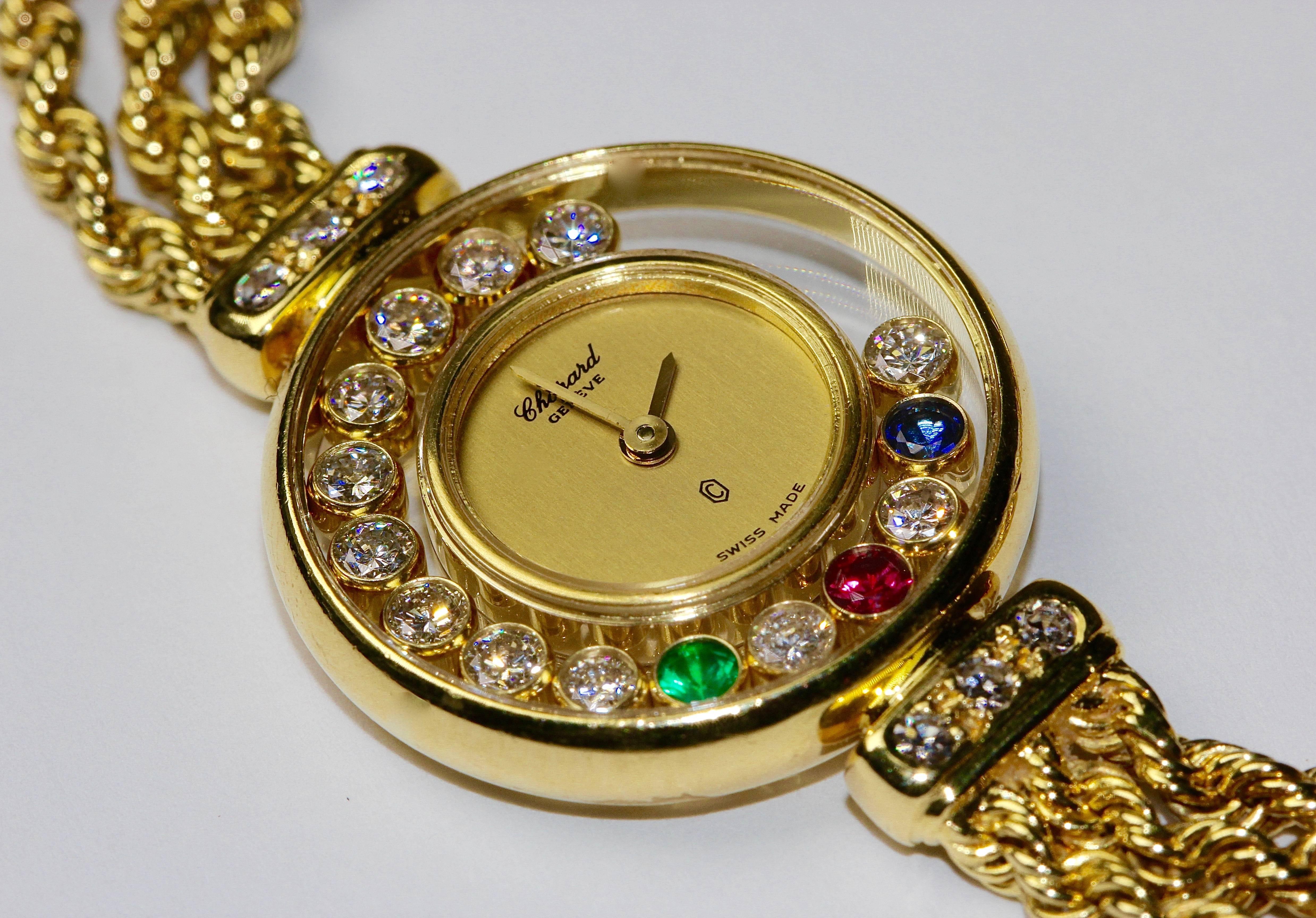 Beautiful and very fine ladies watch from Chopard. Completely made of 18k gold. Studded with many diamonds and one sapphire, ruby and emerald of top quality.

Total length about 180mm.