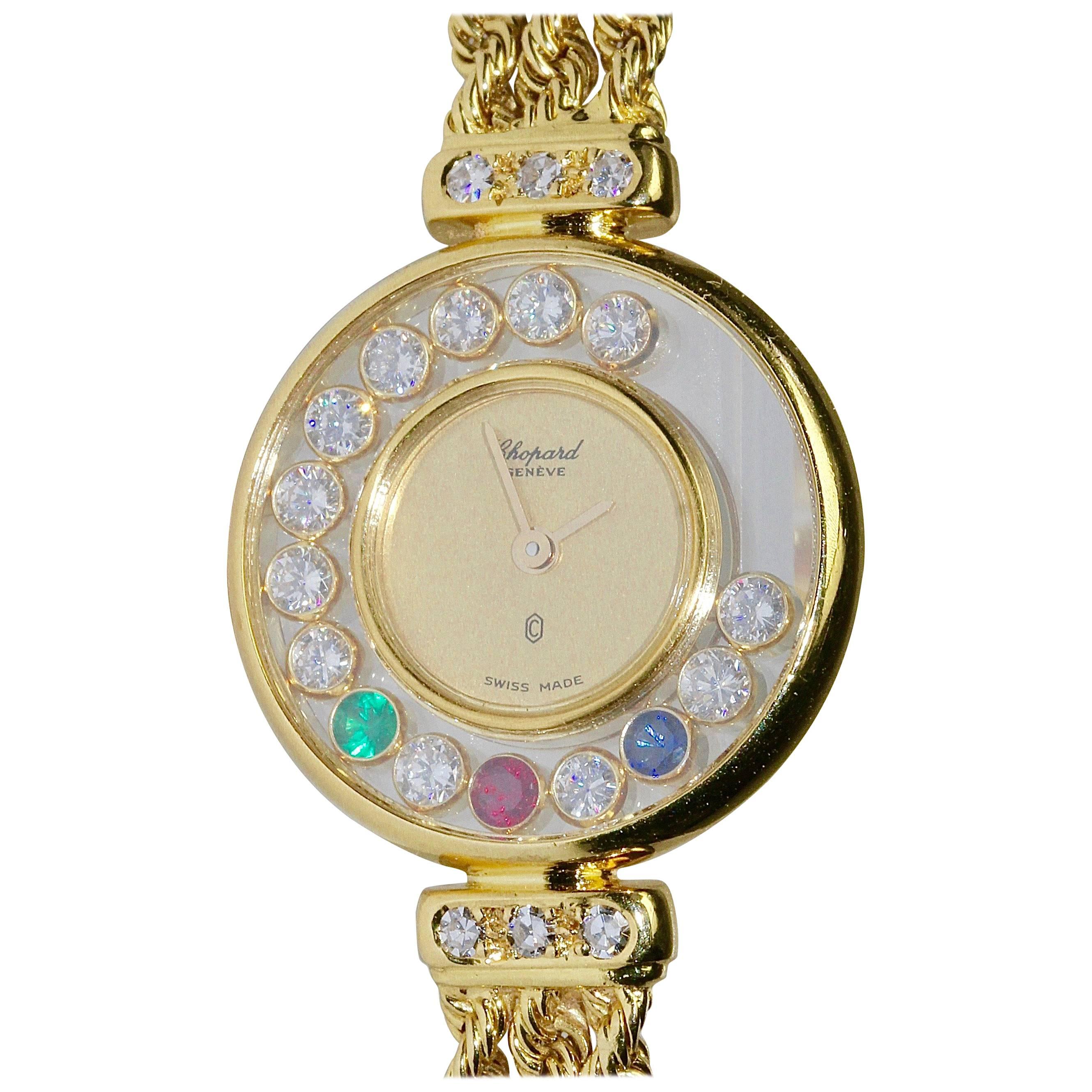 Chopard Happy Diamonds 18k Gold Ladies Watch, Diamonds, Sapphire, Ruby, Emerald