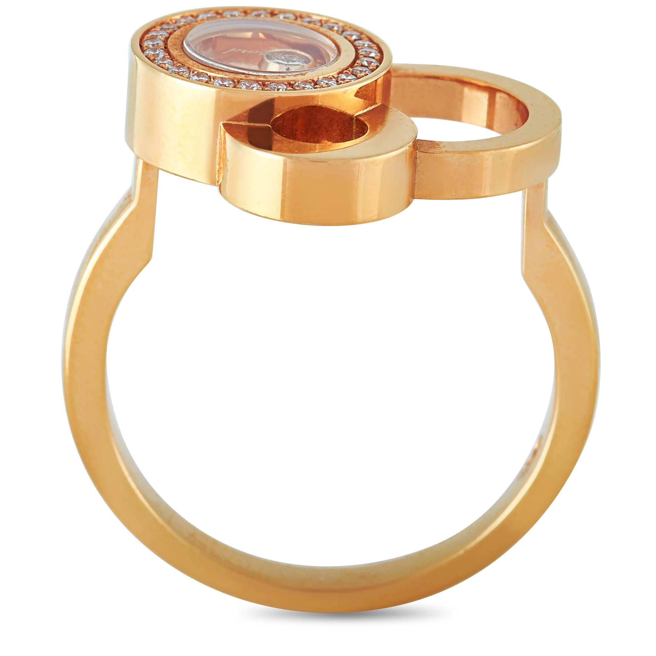 The Chopard “Happy Diamonds” ring is made of 18K rose gold and decorated with a total of 0.11 carats of diamonds, including one floating stone. The ring weighs 4.8 grams and boasts band thickness of 2 mm and top height of 4 mm, while top dimensions