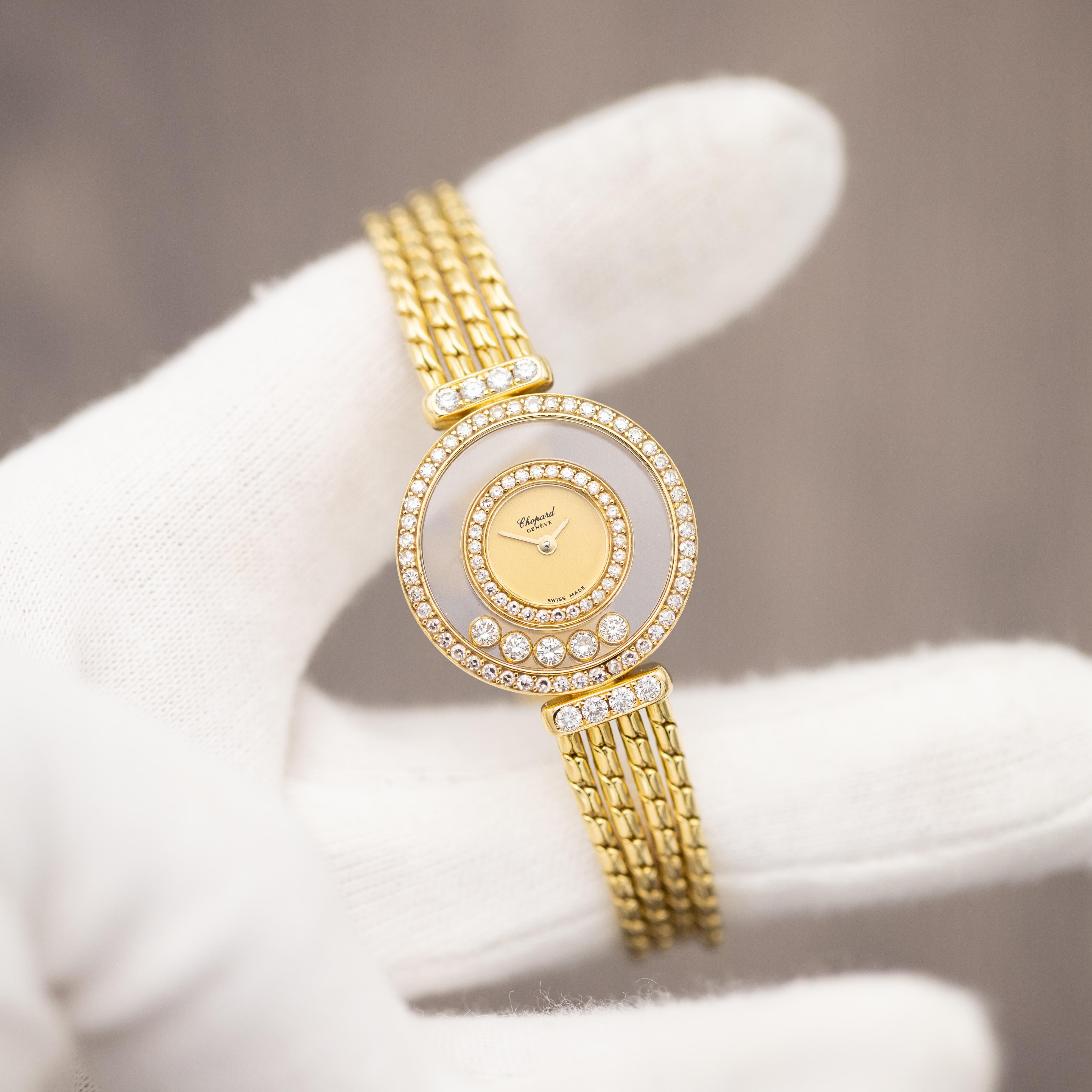 Modern Chopard Happy Diamonds - 18k Solid Yellow Gold - Elegant Ladies Cocktail Watch For Sale