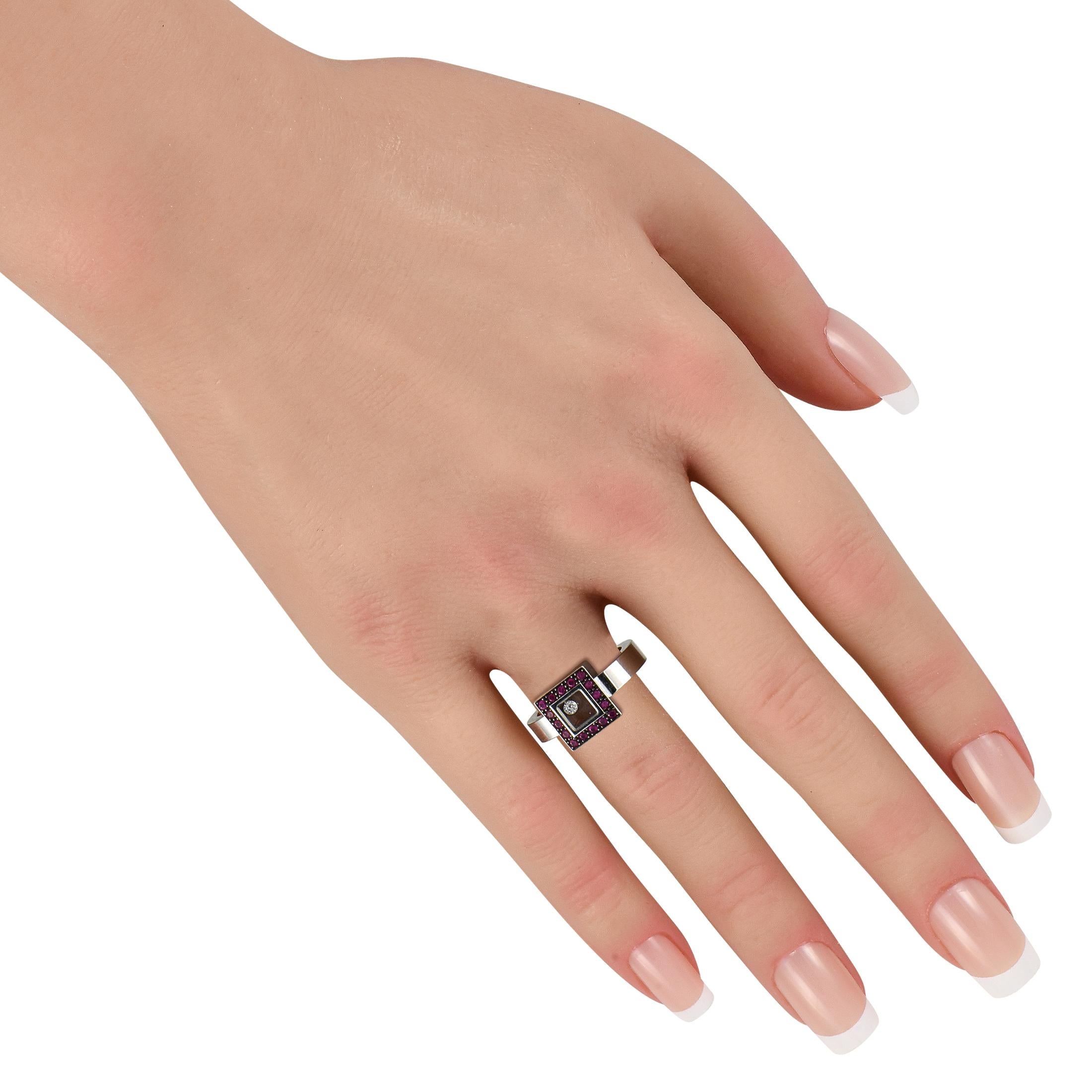 Round Cut Chopard Happy Diamonds 18K White Gold 0.05ct Diamond and Ruby Ring For Sale