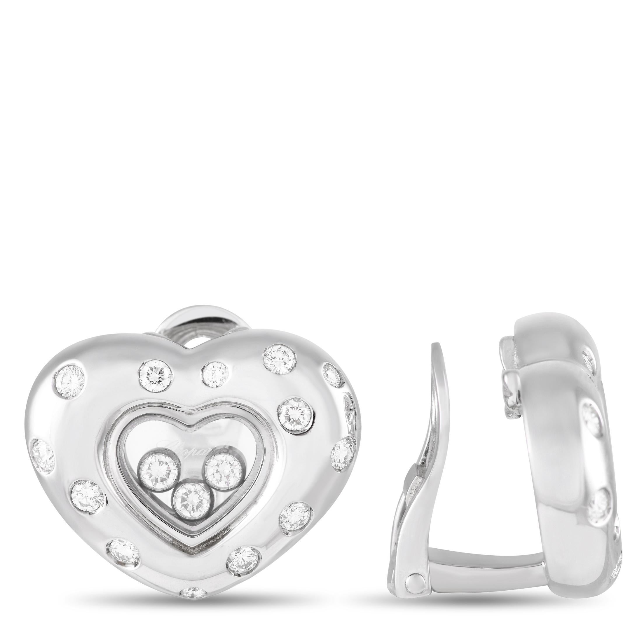 The perfect diamond jewelry gift to mark a special milestone in your relationship. This pair of ear clips from Chopard comes from the brand's Happy Diamonds Collection. It features heart-shaped earrings in 18K white gold, finished with flush-set