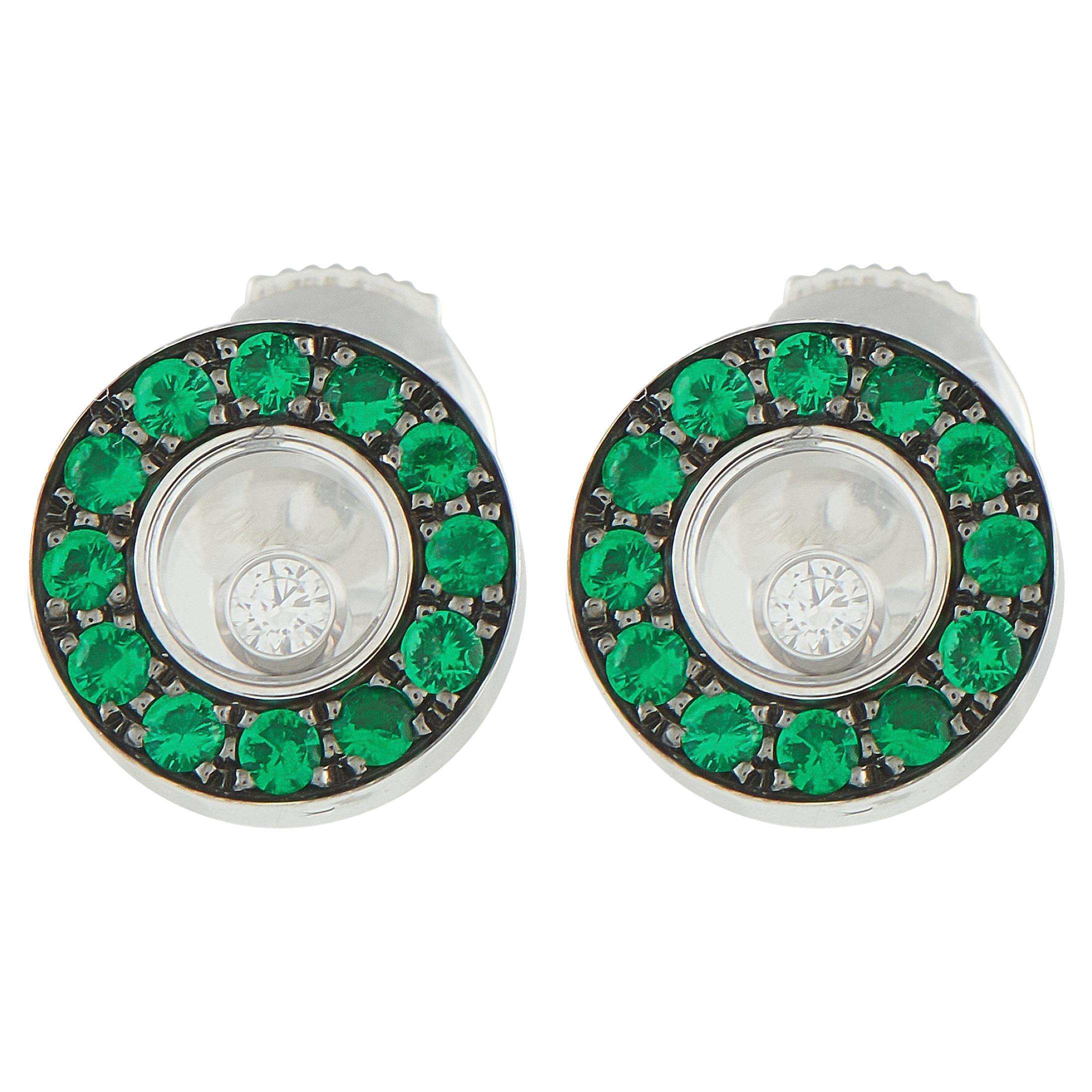Chopard Happy Diamonds 18K White Gold Diamond and Emerald Stud Earrings en venta