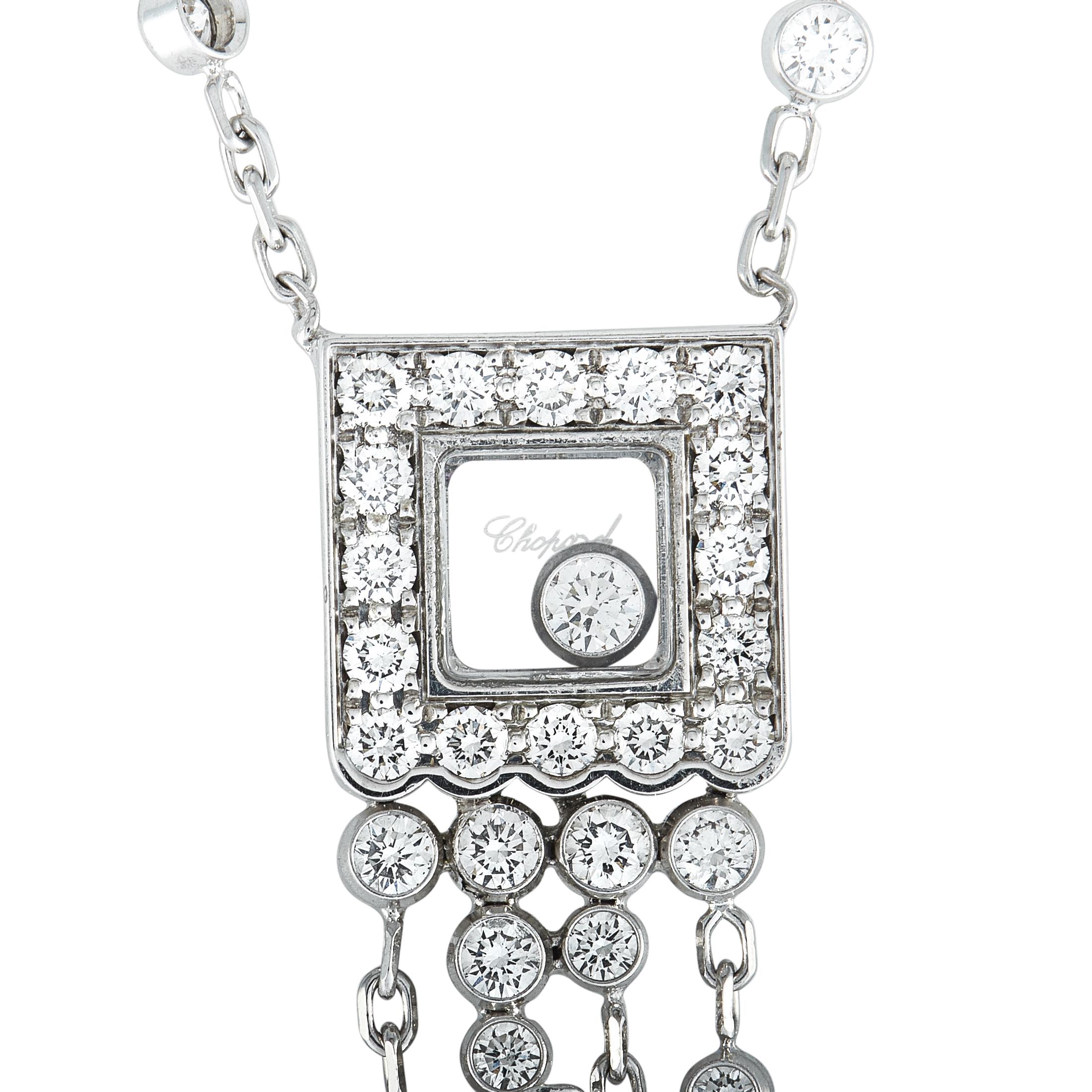Chopard Happy Diamonds 18 Karat White Gold Diamond Square Pendant Chain Necklace In New Condition In Southampton, PA