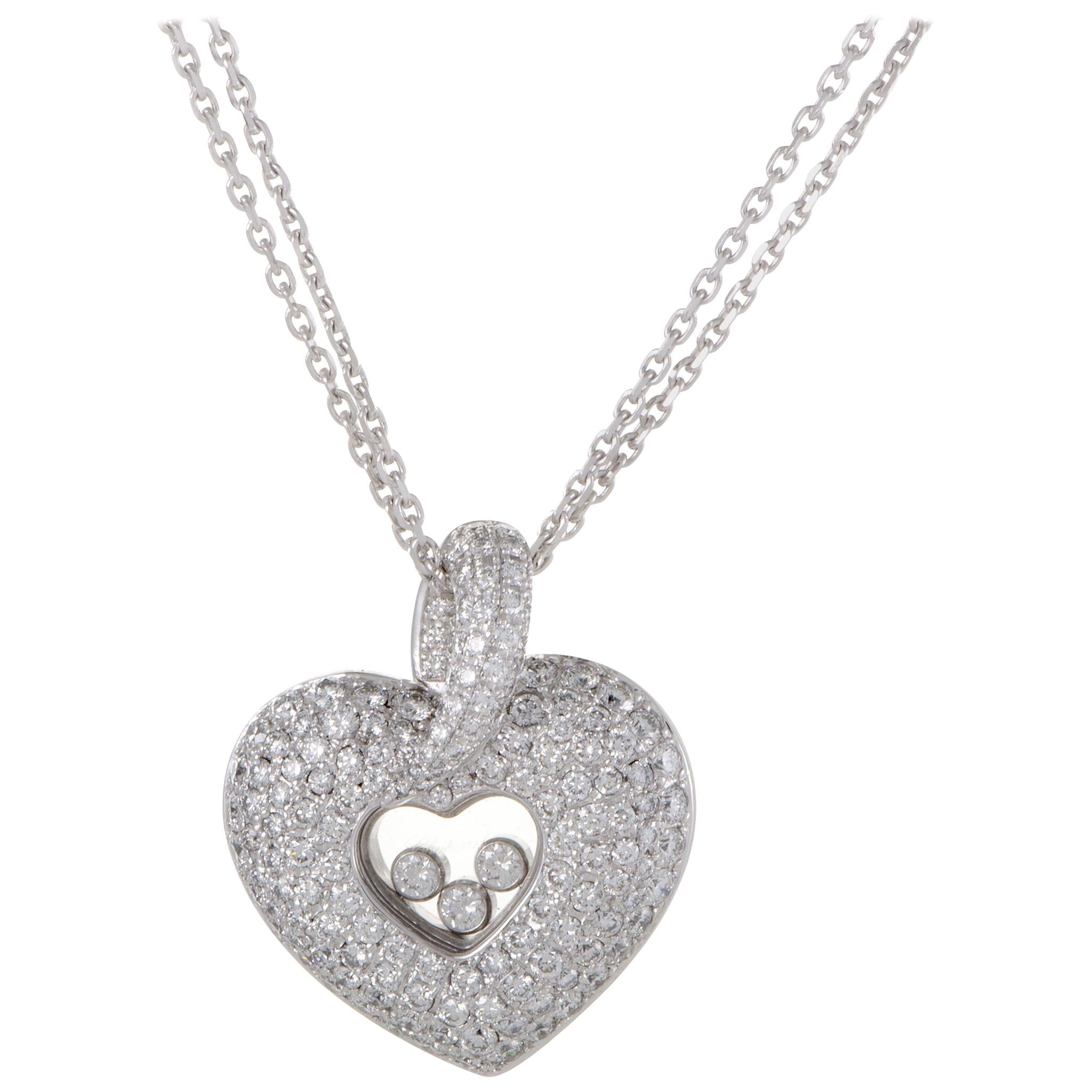Chopard Happy Diamonds 18K White Gold Full Diamond Pave Heart Pendant Necklace