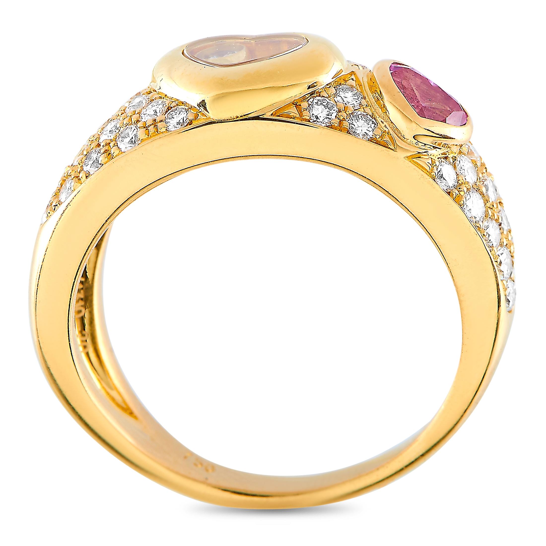 The Chopard “Happy Diamonds” ring is made of 18K yellow gold and embellished with a heart-shaped pink sapphire and a total of 0.65 carats of diamonds. The ring weighs 7.8 grams and boasts band thickness of 4 mm and top height of 5 mm, while top