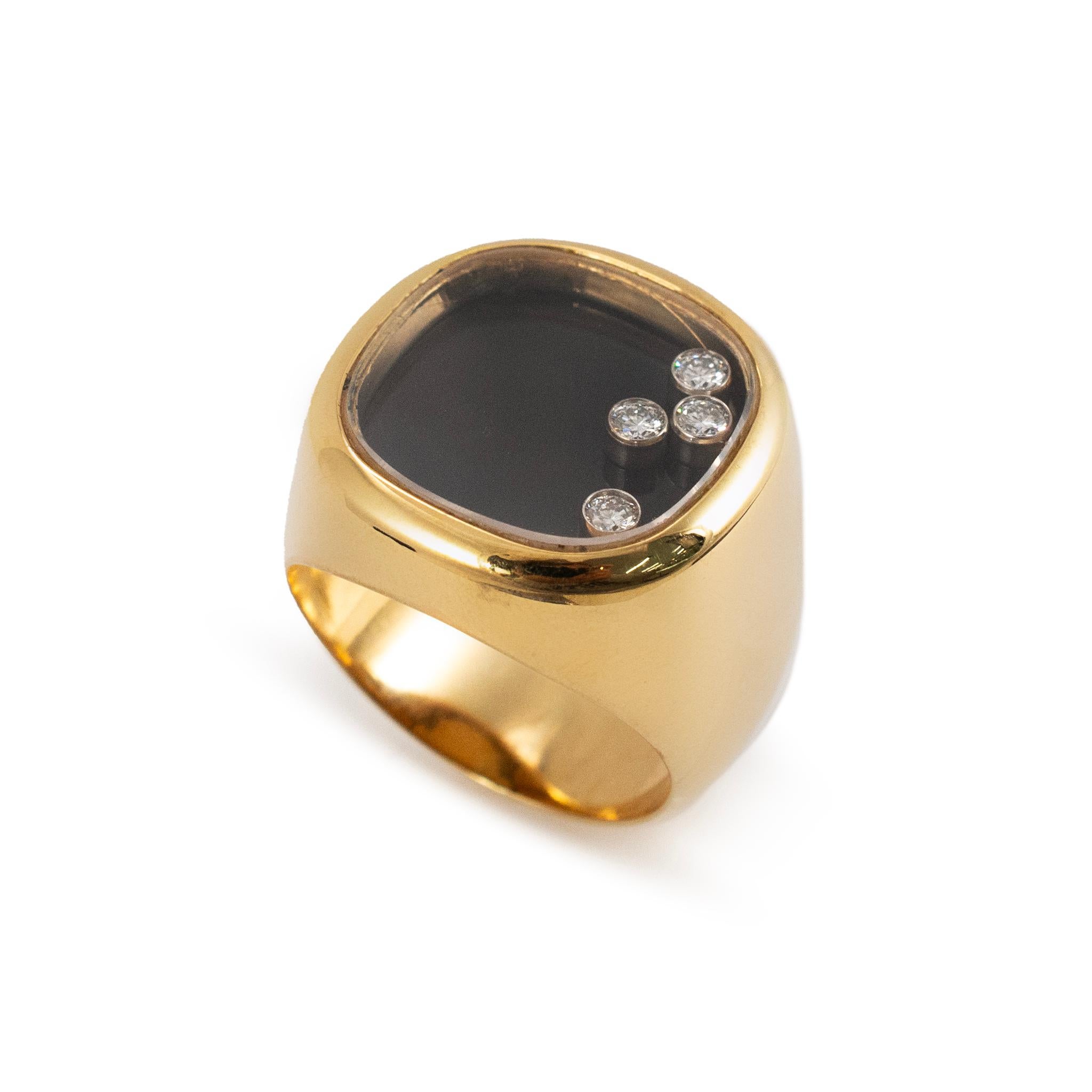 Anello Chopard Happy Diamonds in oro giallo 18 carati con onice e firma galleggiante in vendita 2