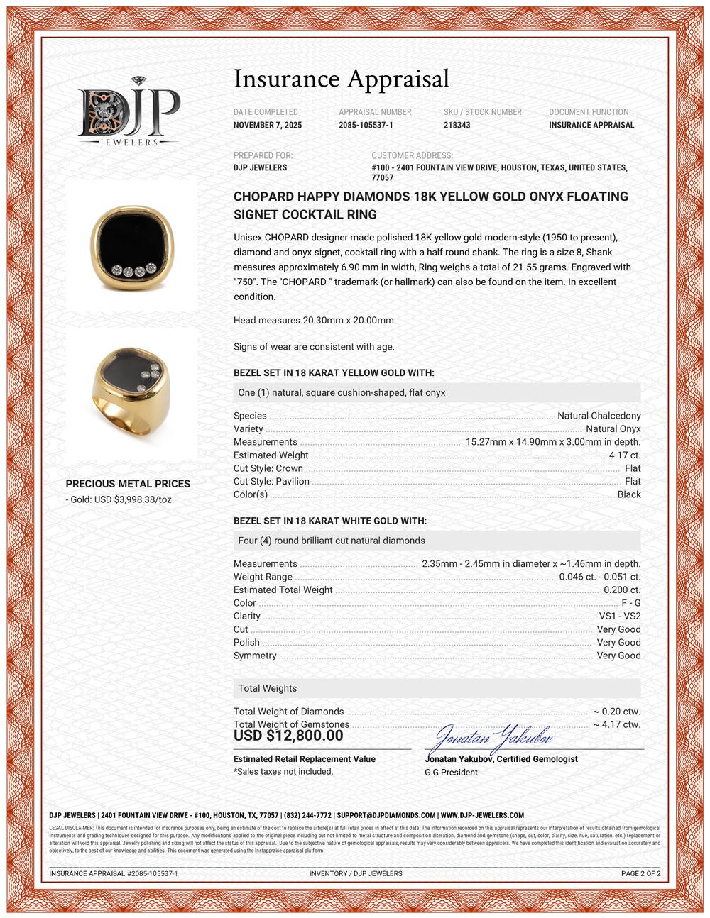 Anello Chopard Happy Diamonds in oro giallo 18 carati con onice e firma galleggiante in vendita 4